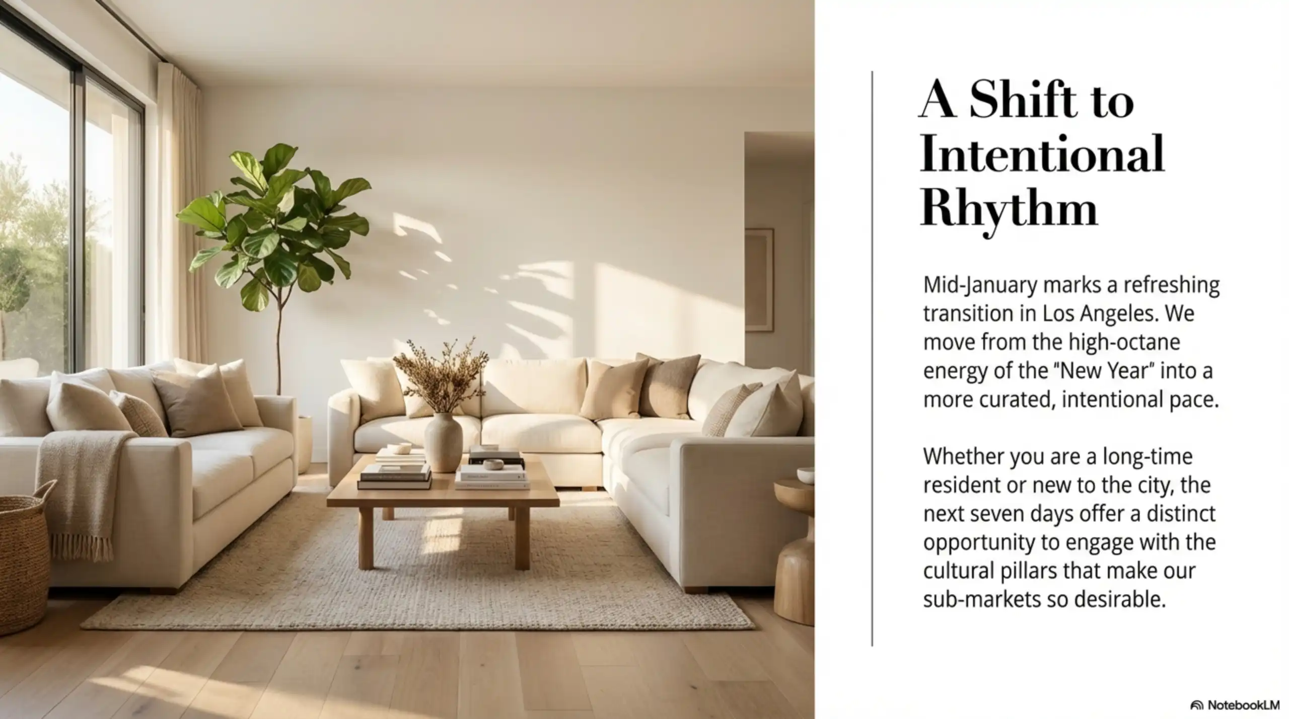 Modern living room interior with neutral tones, beige sectional sofa, wood coffee table, and large indoor plant.