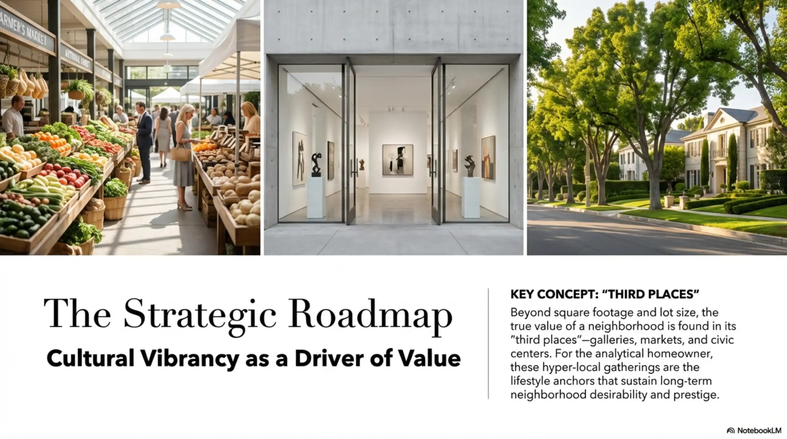 Collage showing a produce market, a modern art gallery entrance, and a two-story home on a tree-lined street.