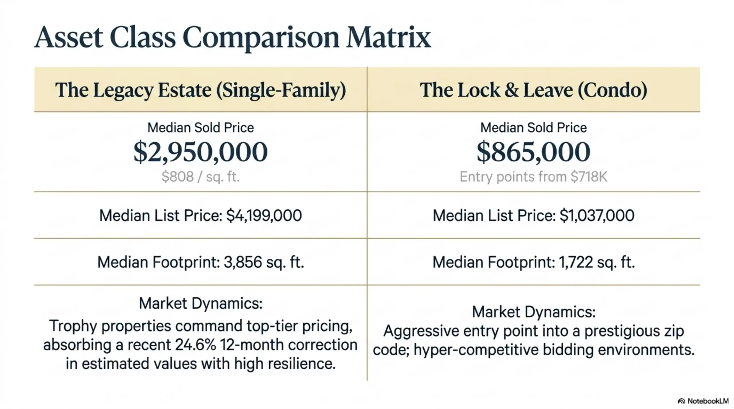 Real estate price comparison table for SFRs and condos