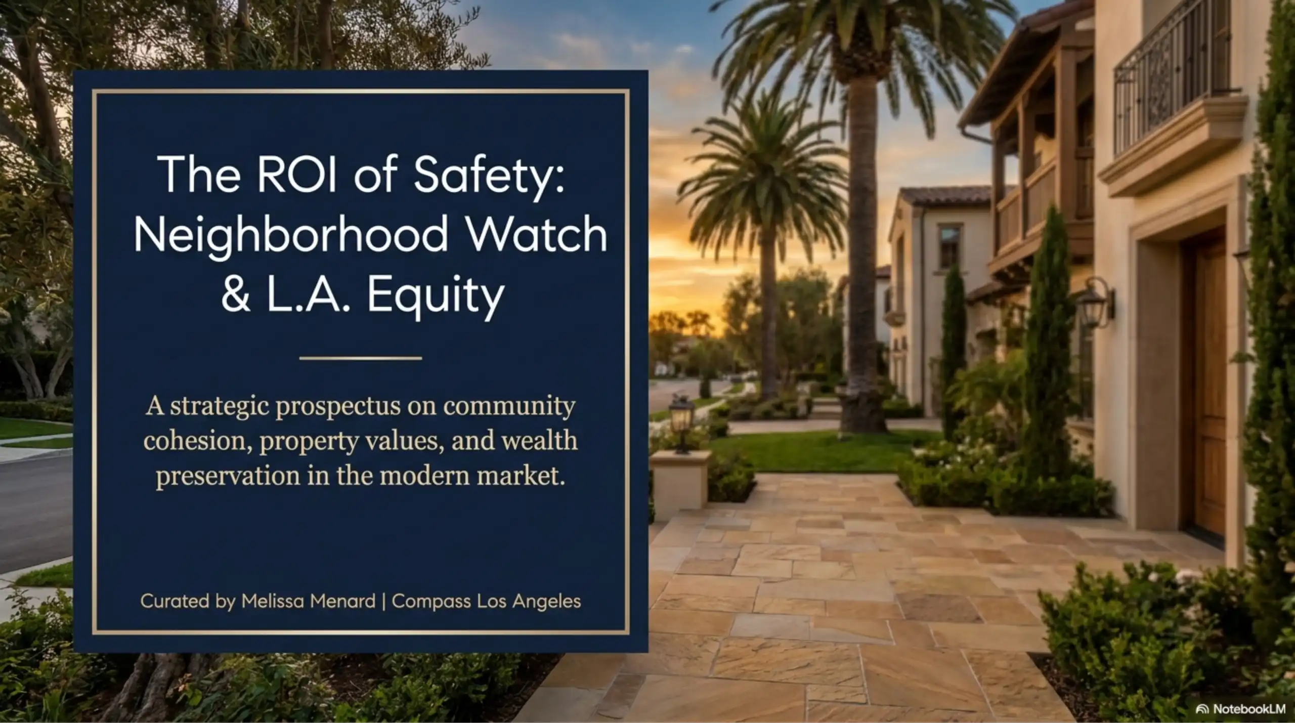Graphical presentation slide with text over a background image of a Los Angeles residential street. Visible architectural elements include two-story stucco homes, clay tile roofs, dark wood arched entryways, wrought iron balcony railings, a stone paver driveway, and mature palm trees.