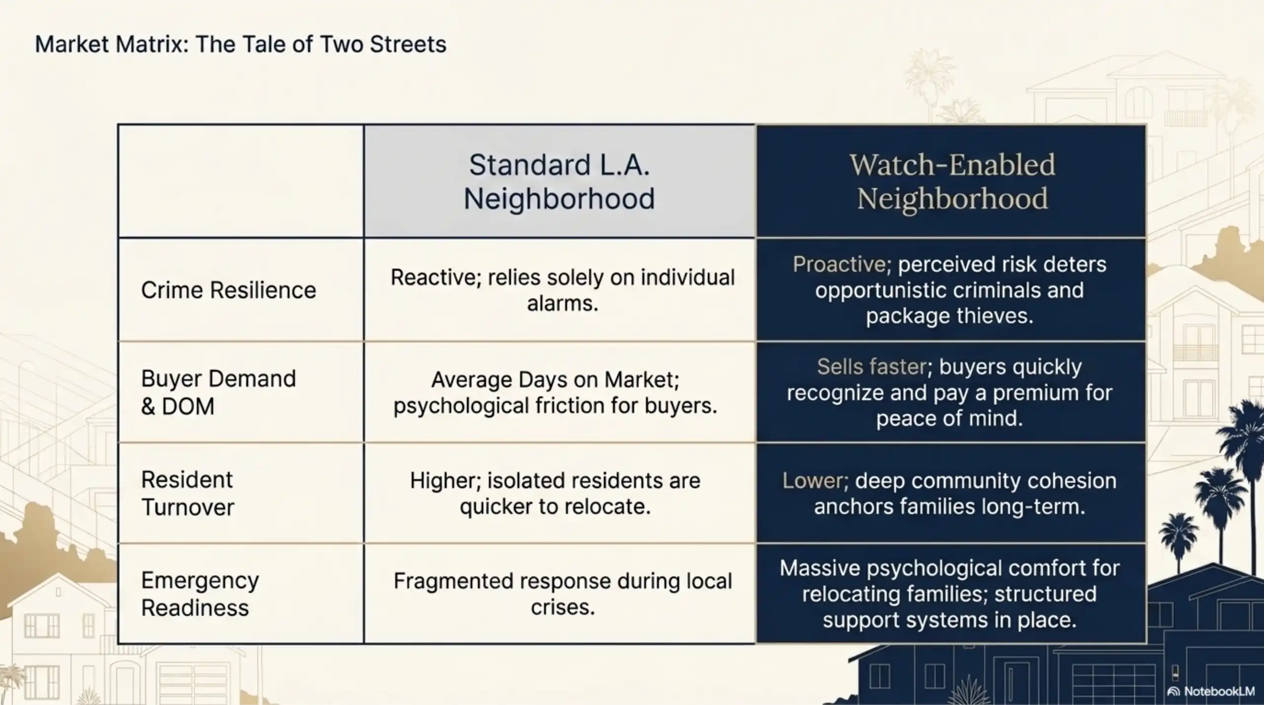 Analytical slide titled 'Market Matrix: The Tale of Two Streets'. A detailed table compares 'Standard L.A. Neighborhood' and 'Enabled Neighborhood'. Rows analyze Resilience, Buyer Demand & DOM, Resident Turnover, and Readiness. The background features faint line art of suburban residential homes with pitched roofs and paneled garage doors.