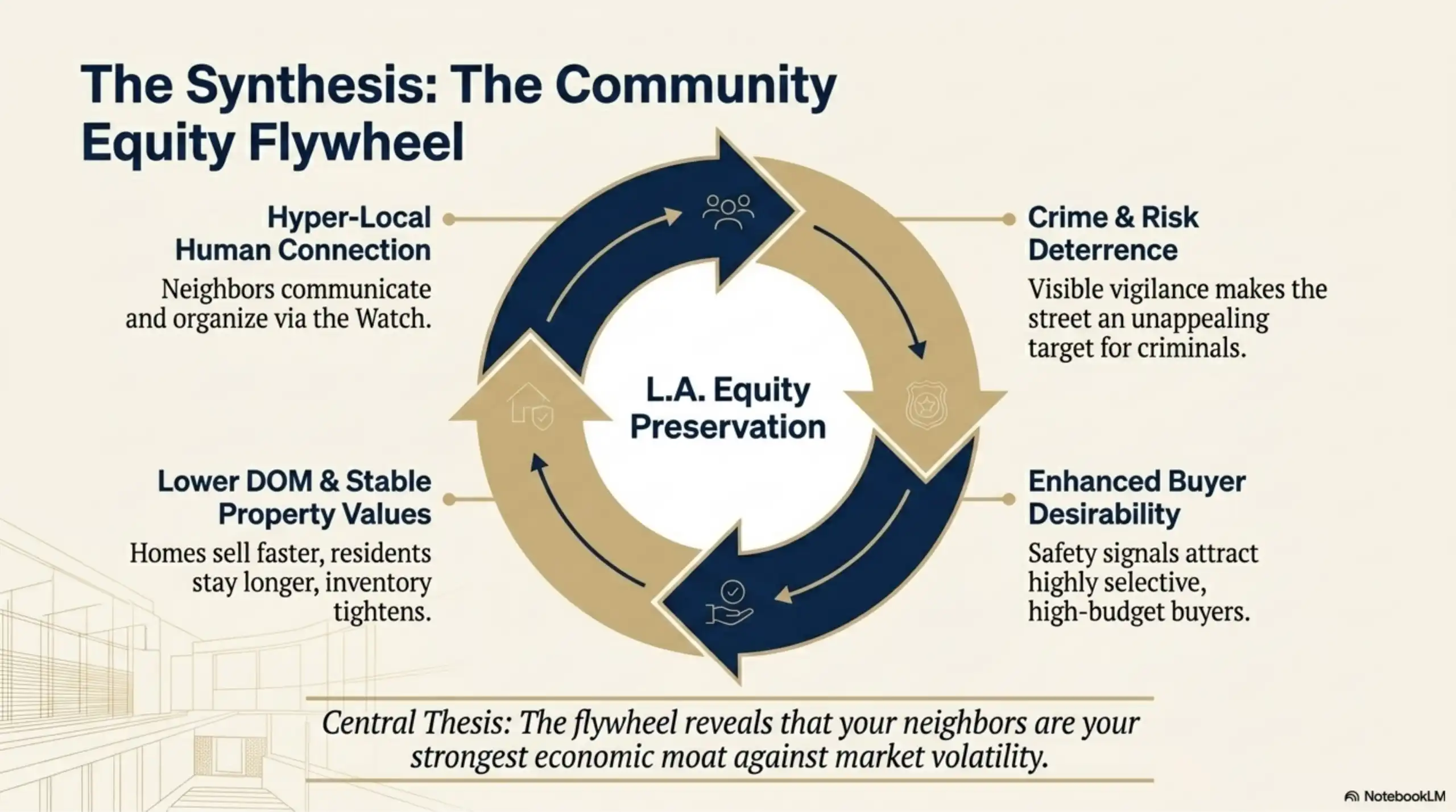 Synthesis slide titled 'The Synthesis: The Community Equity Flywheel'. A large circular diagram with four arrows flowing clockwise surrounds the central text 'L.A. Equity Preservation'. The four external text blocks explain Hyper-Local Human Connection, Deterrence, Enhanced Buyer Desirability, and Lower DOM & Stable Property Values. A central thesis statement is located at the bottom. The background shows faint architectural line art of a multi-story building layout.