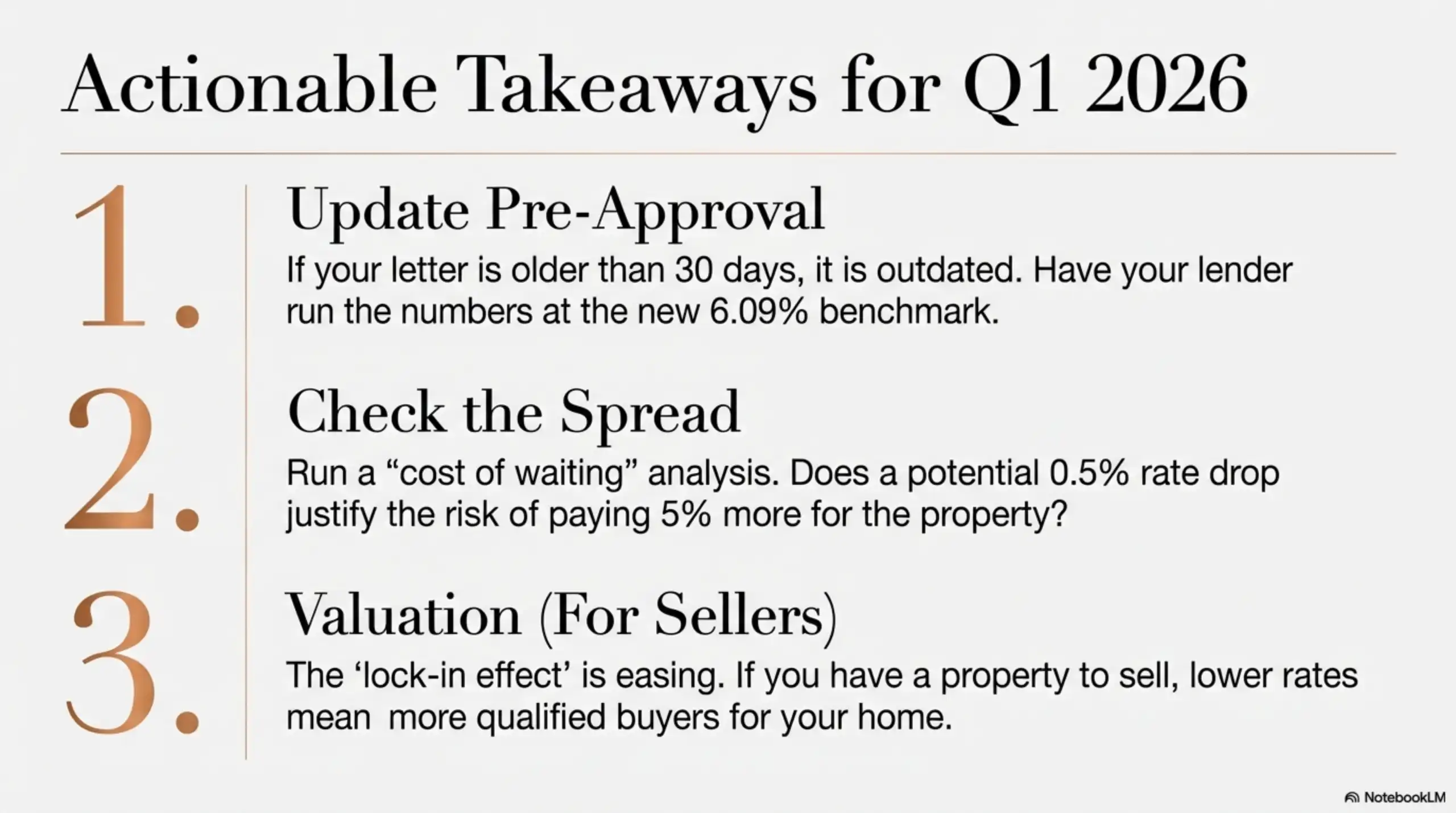 Text slide listing three actionable takeaways for Q1 2026 regarding pre-approval updates spread analysis and seller valuations.