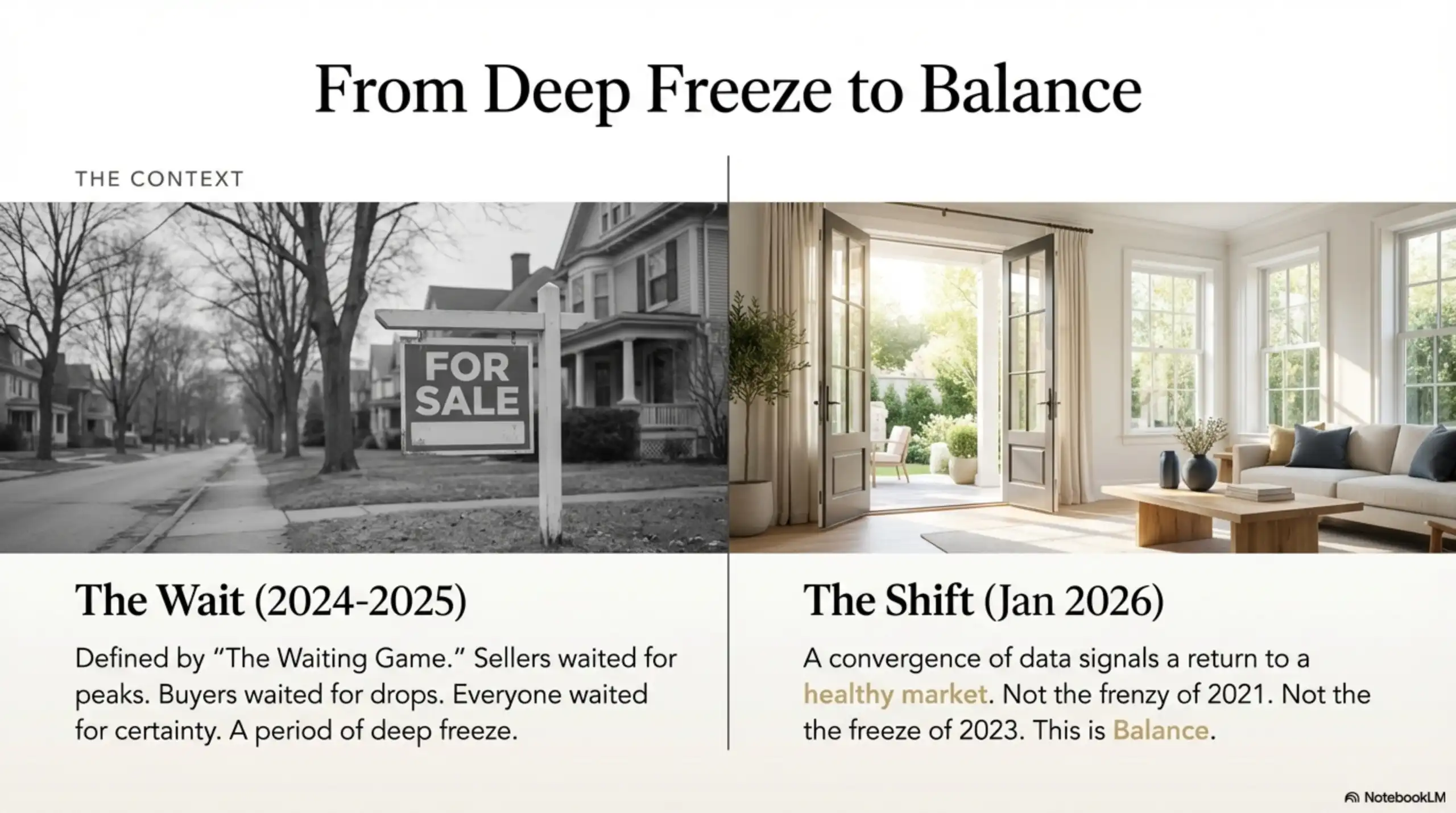 Slide comparing a black and white image of a house for sale (The Wait 2024-2025) with a color image of a bright living room (The Shift Jan 2026).