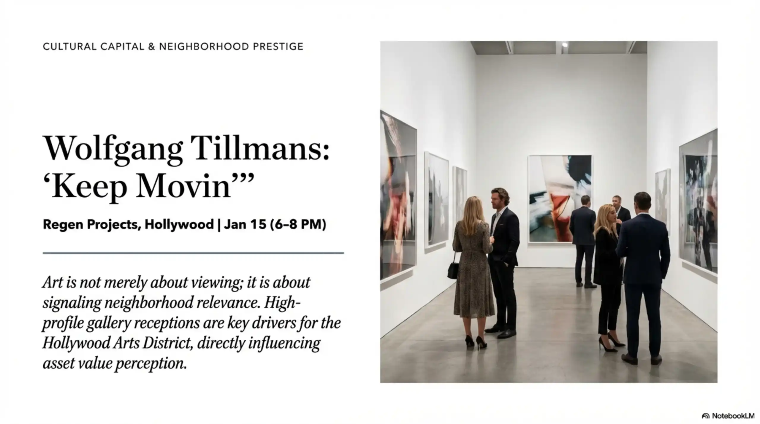 Interior view of Regen Projects art gallery in Hollywood showing attendees viewing large-scale photography installations