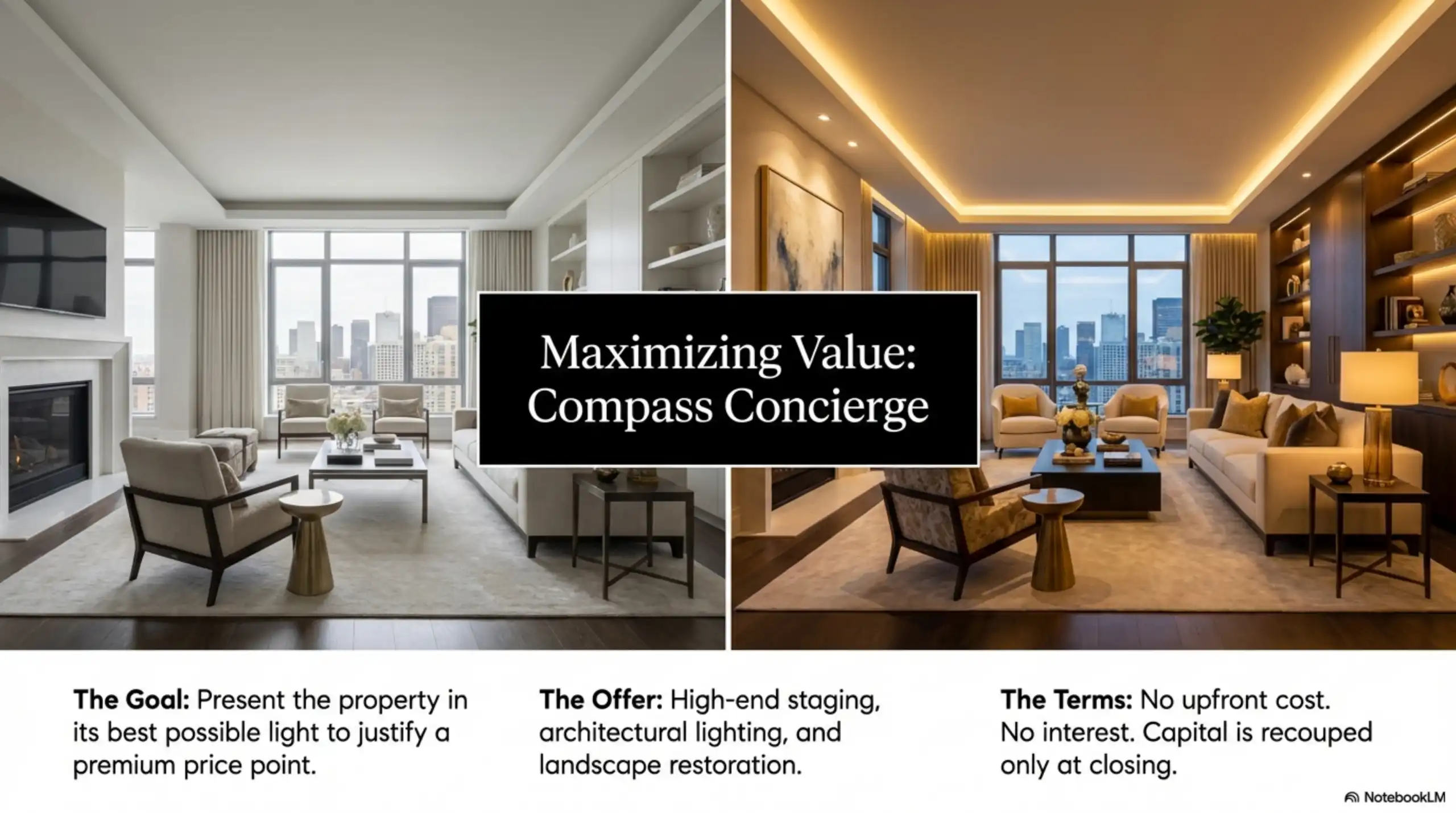 Side-by-side comparison of a living room with standard lighting versus architectural lighting.