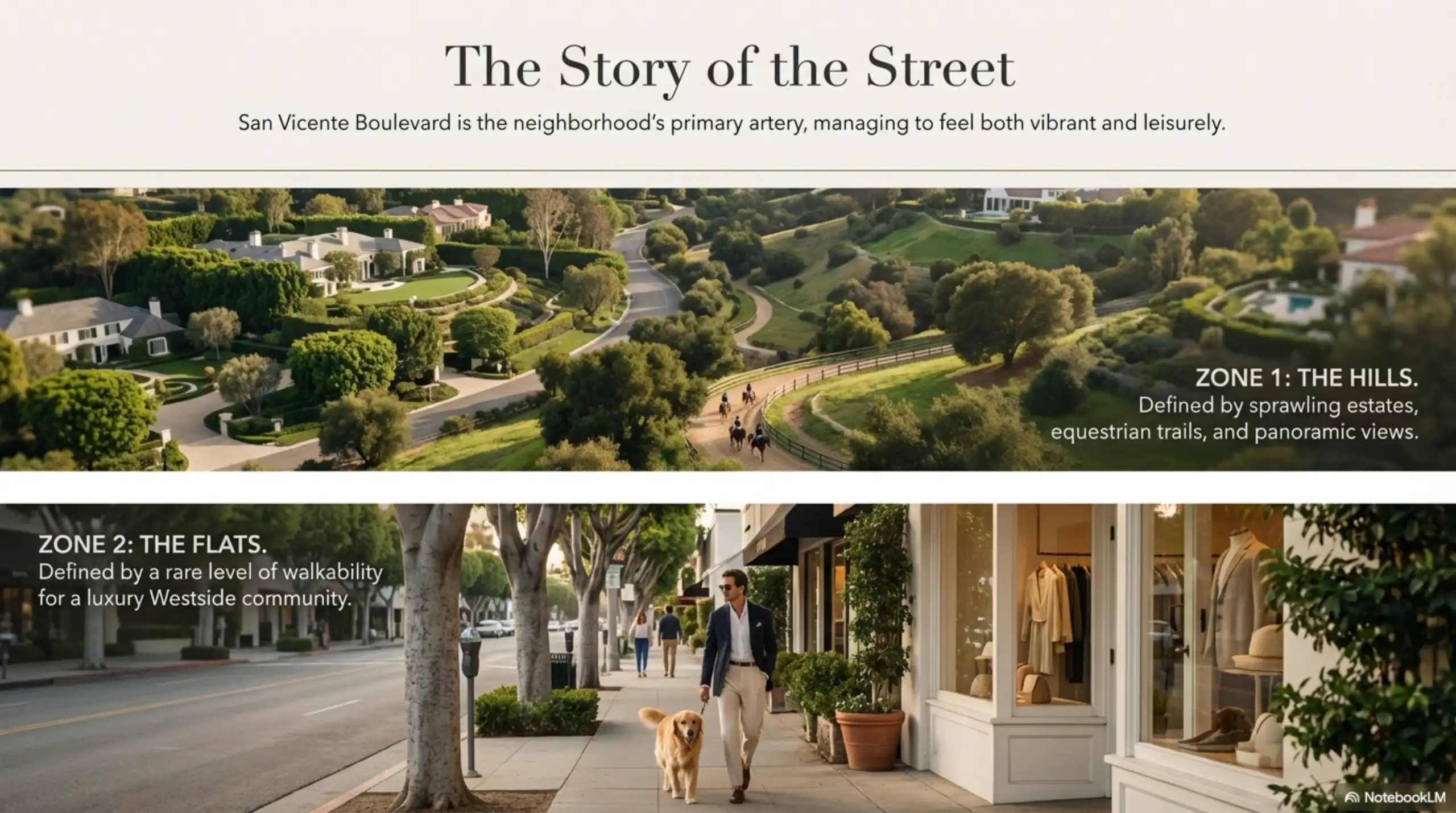 Split image showing an aerial view of Brentwood hills and a street-level view of San Vicente Boulevard shops.