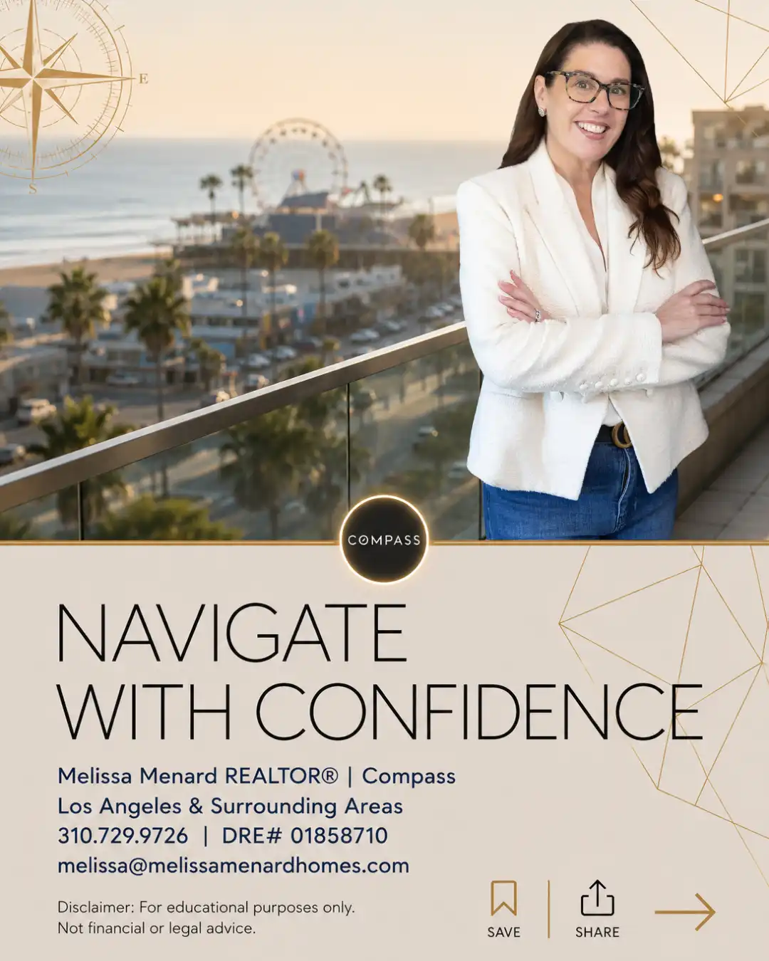 Graphic titled 'Navigate With Confidence'. Features a portrait of Melissa Menard wearing glasses, a white blazer, and blue denim, standing with crossed arms on a glass-railed balcony. The background shows the Santa Monica beach, pier, and Ferris wheel in daylight. Includes contact details: phone number, DRE number, email address, website, and Compass logo.