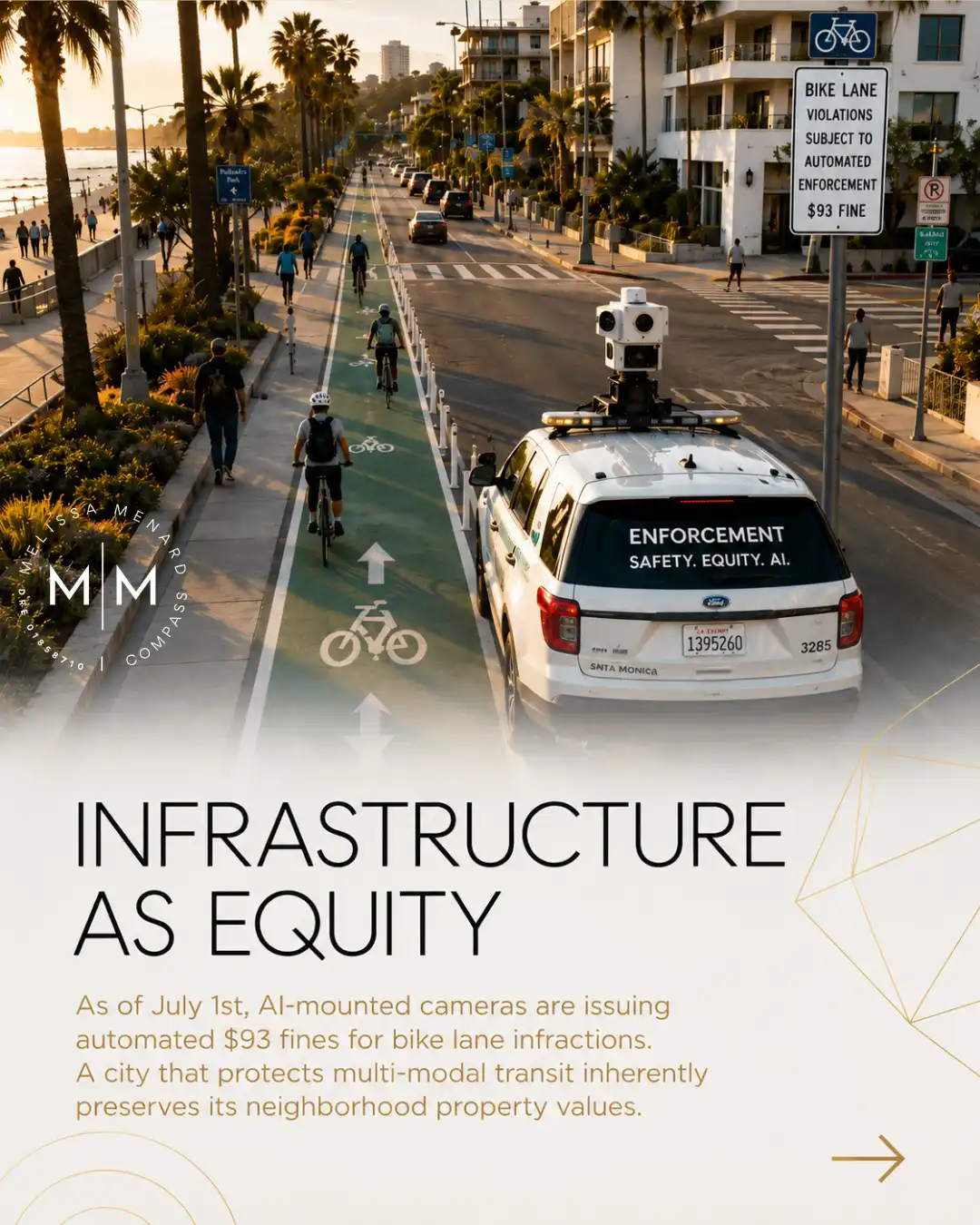 Graphic titled 'Infrastructure as Equity'. Photograph shows a Santa Monica street with palm trees, a green painted bike lane occupied by cyclists, and a white Santa Monica parking enforcement Ford SUV equipped with a roof-mounted multi-camera system. A street sign indicates a $93 fine for bike lane violations. Text references July 1st automated cameras and multi-modal transit preserving property values.
