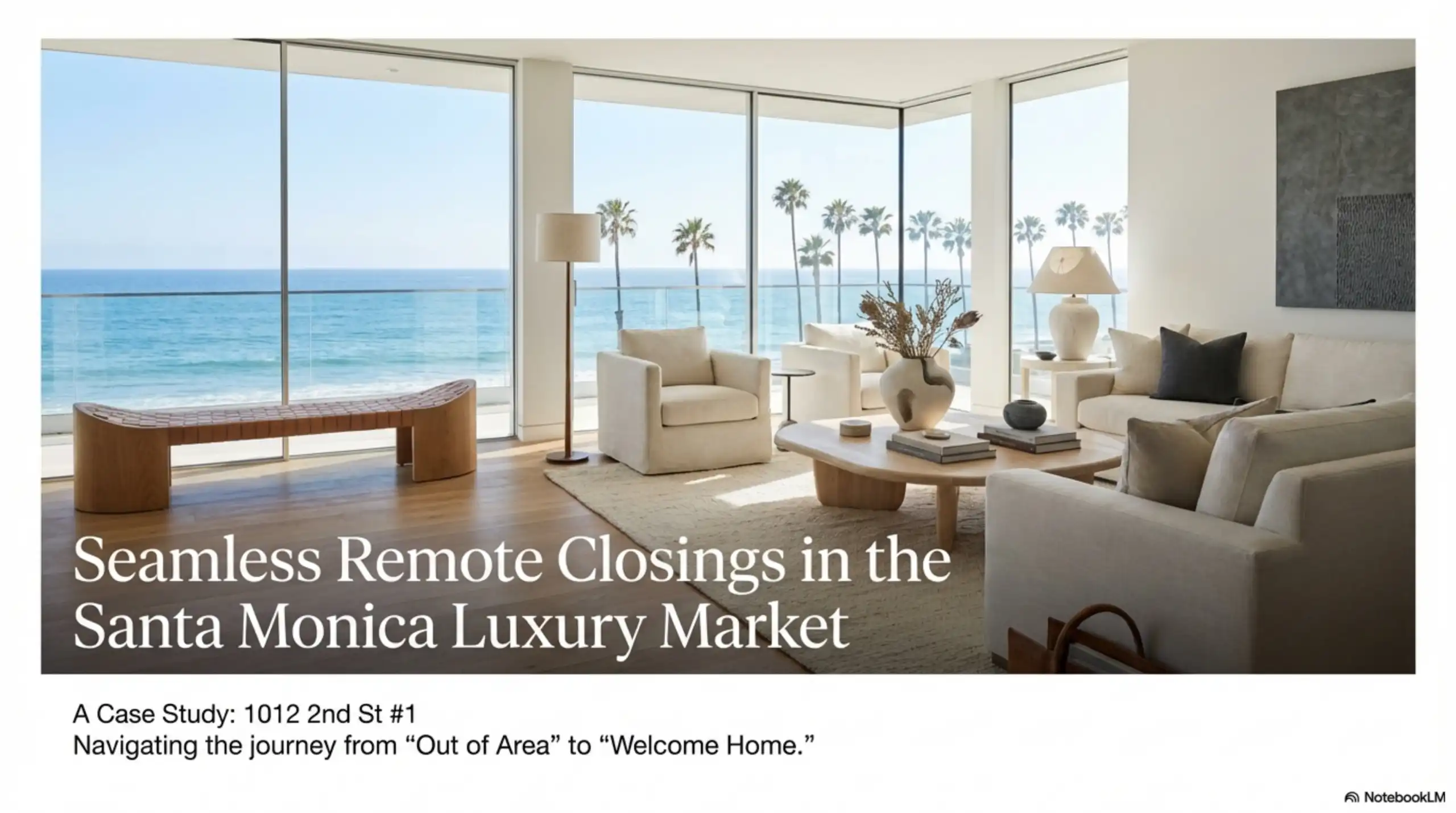 Modern living room with floor-to-ceiling windows overlooking the ocean and palm trees in Santa Monica.