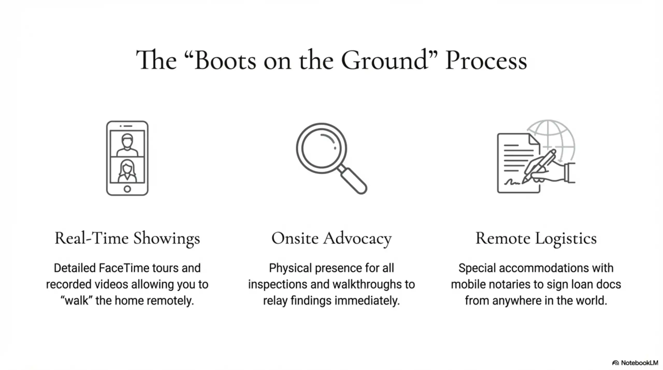 A breakdown of remote purchase services including FaceTime tours, onsite advocacy for inspections, and mobile notary logistics.