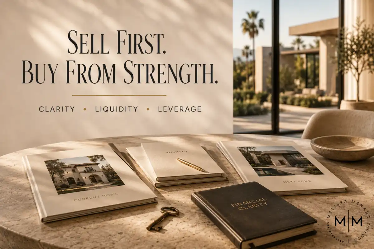 Text graphic reading "Sell First. Buy From Strength." overlaid on a bright interior scene. In the foreground, a round textured stone table holds several printed real estate portfolios labeled "Current Home," "Strategy," "Next Home," and "Financial Clarity," along with a brass skeleton key and a metallic pen. The background features a large glass window looking out onto a modern home exterior with palm trees.