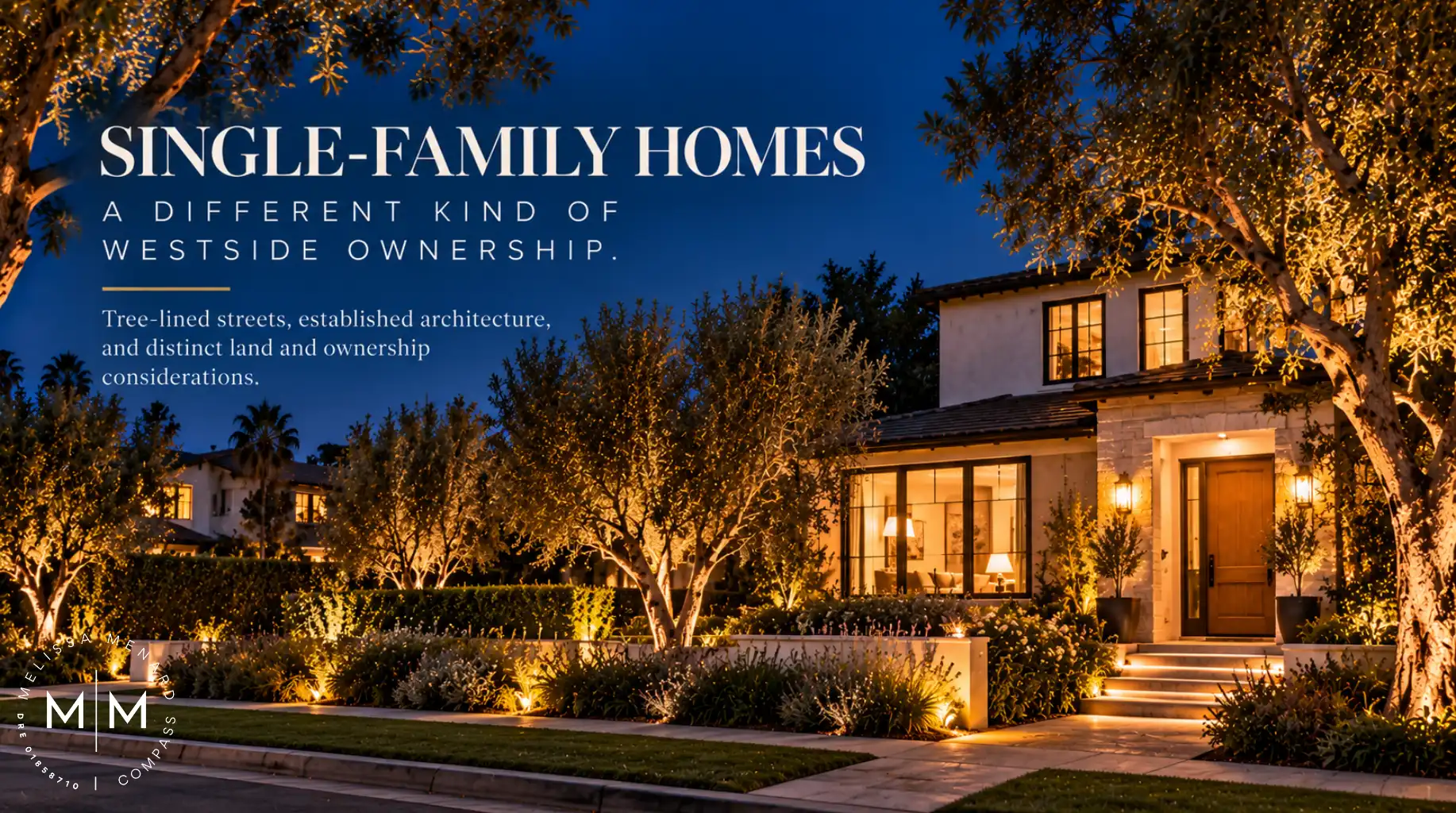 Exterior of a two-story single-family home at twilight with landscaping and text overlay.