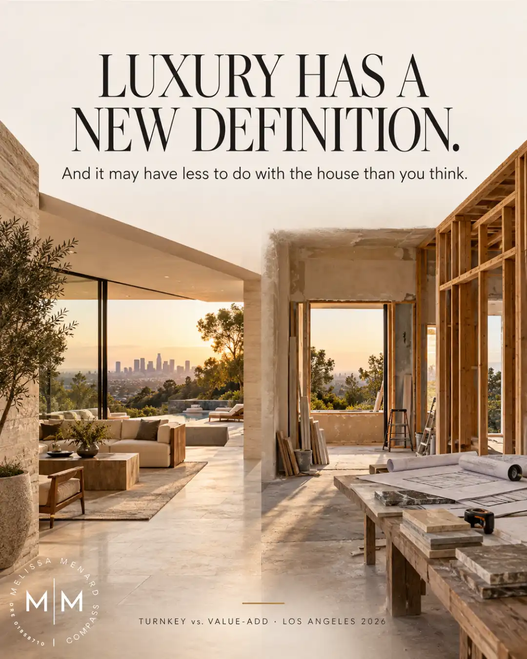 Split graphic showing a finished living room on the left and construction framing on the right with a city view.