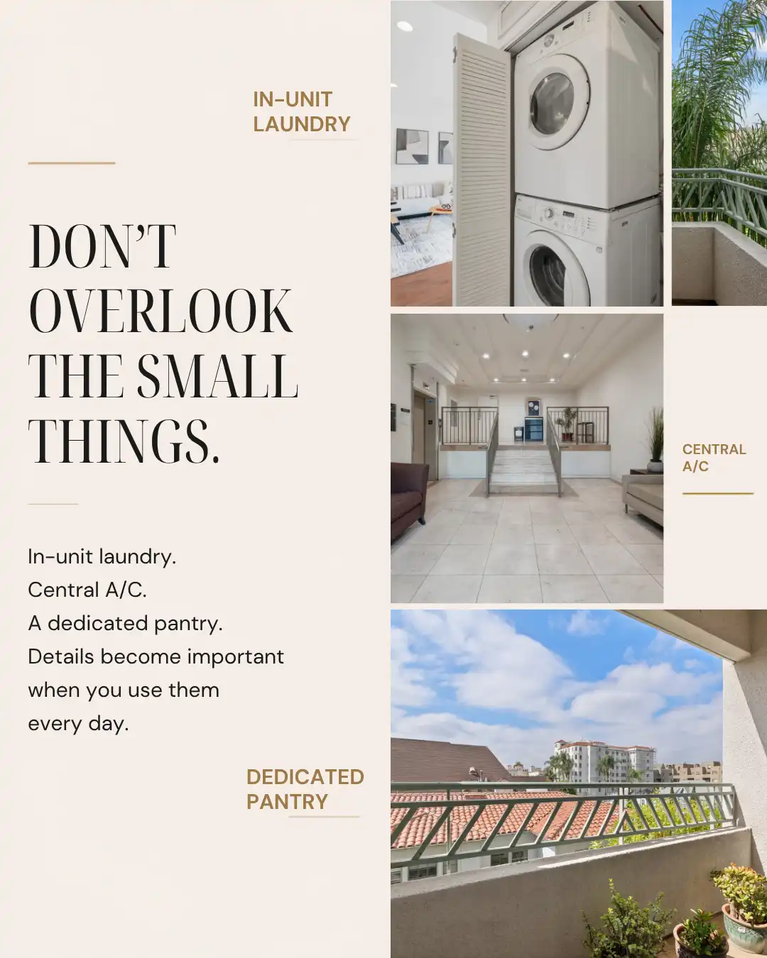 Apartment features collage including laundry appliances, building interior common space, outdoor balcony view, and text listing amenities.