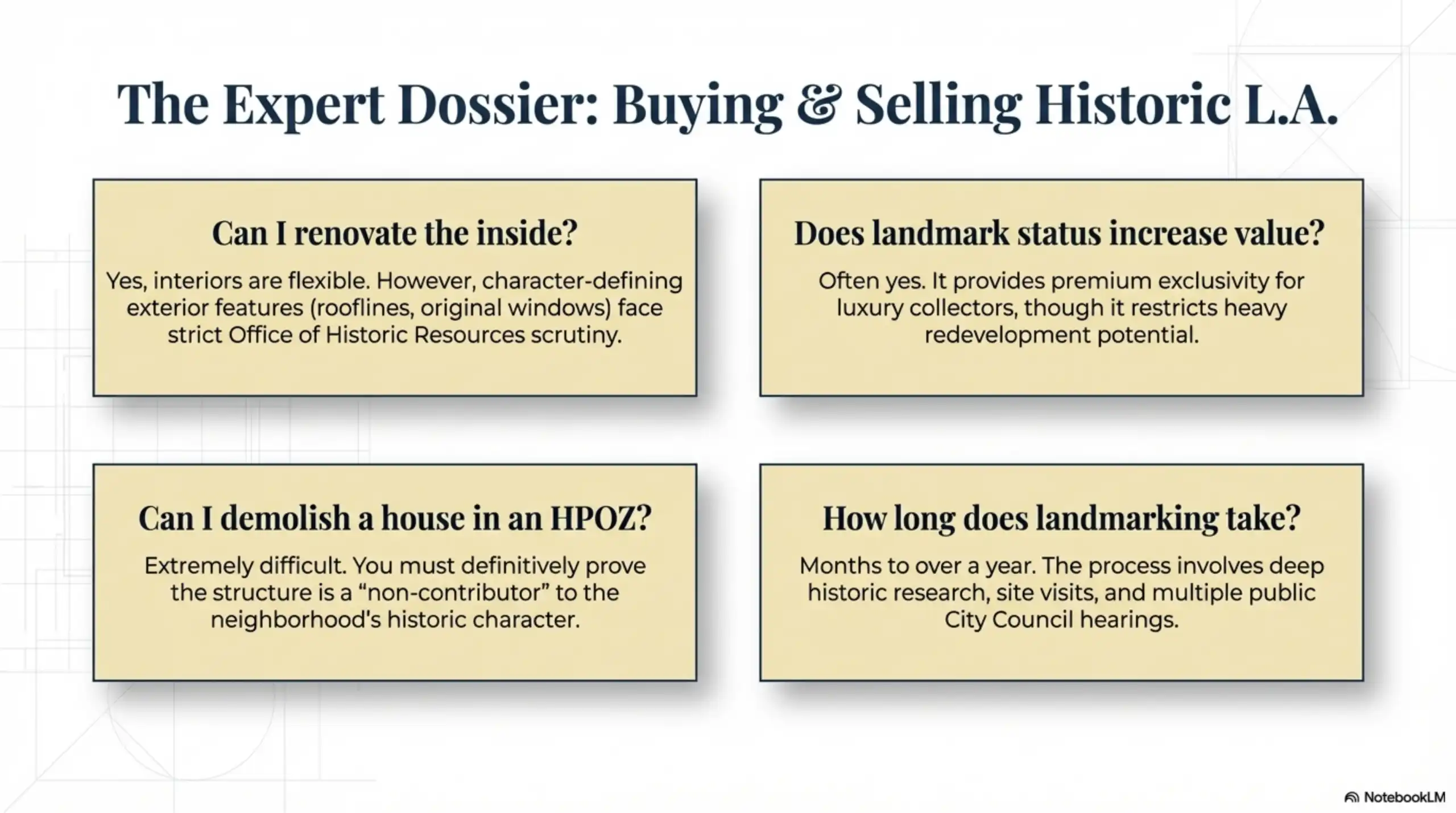 Information boxes answering common questions about renovating and demolishing historic L.A. homes.