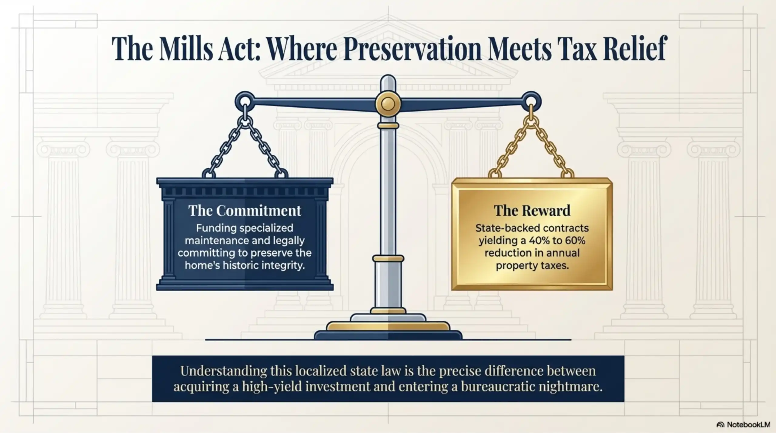 Balance scale graphic showing the commitment and reward of the Mills Act tax relief.