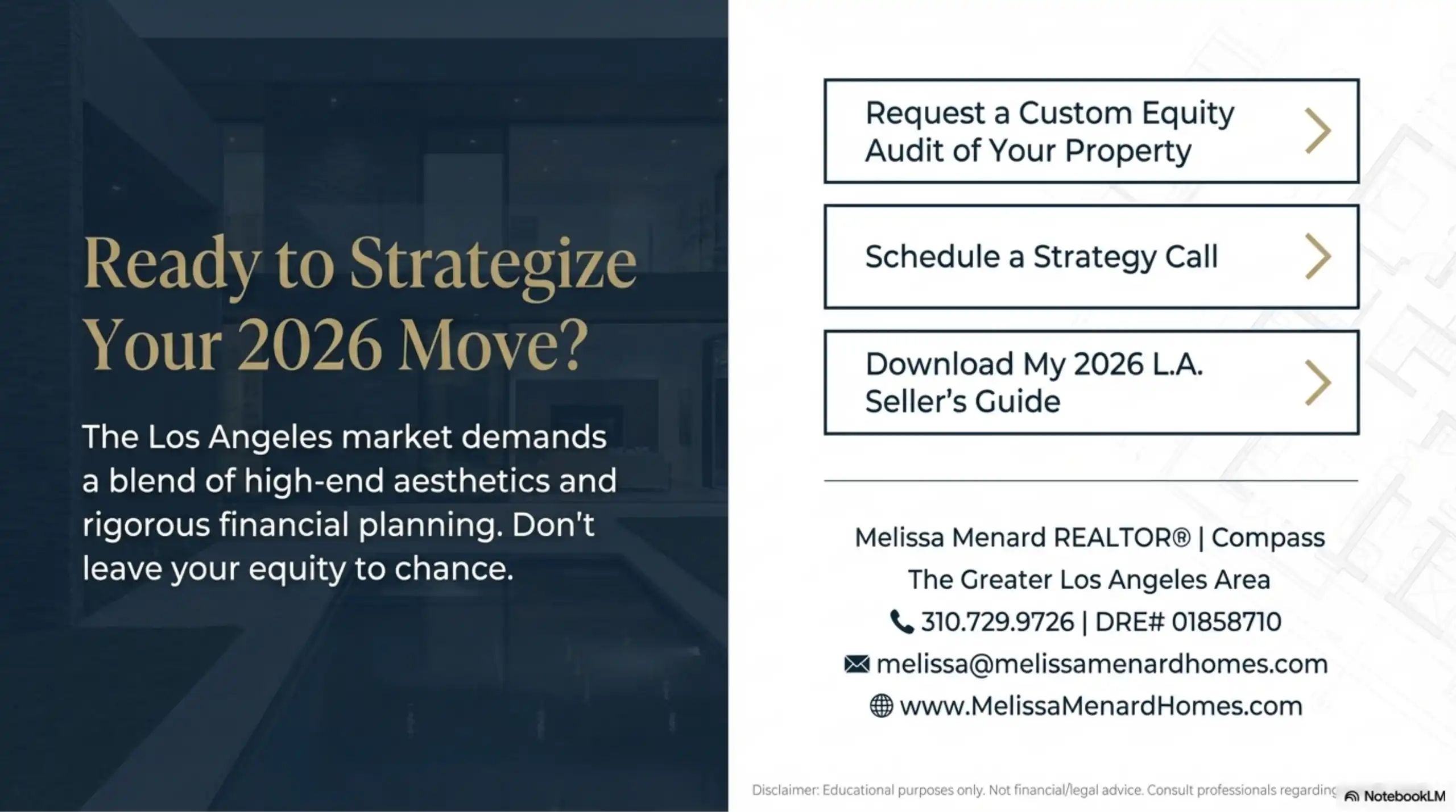 Call to action slide inviting users to request a custom equity audit or download the 2026 L.A. Seller’s Guide. Includes contact info for Melissa Menard, REALTOR at Compass.