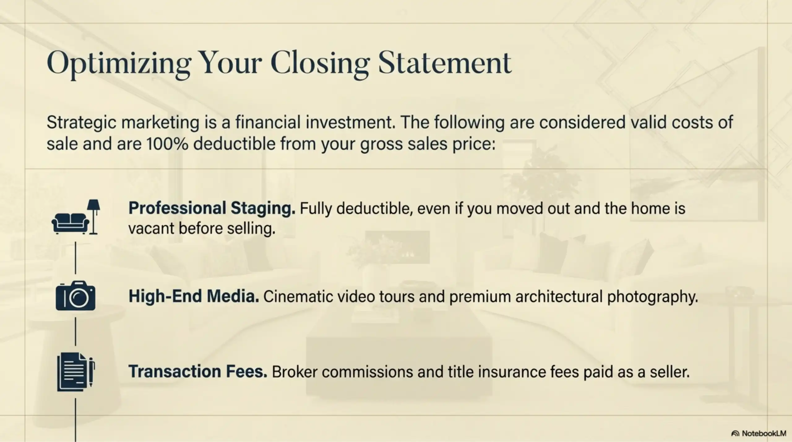 Icons illustrating three costs that are 100% deductible from the gross sales price: professional staging, high-end media (video/photography), and broker commissions or title fees.
