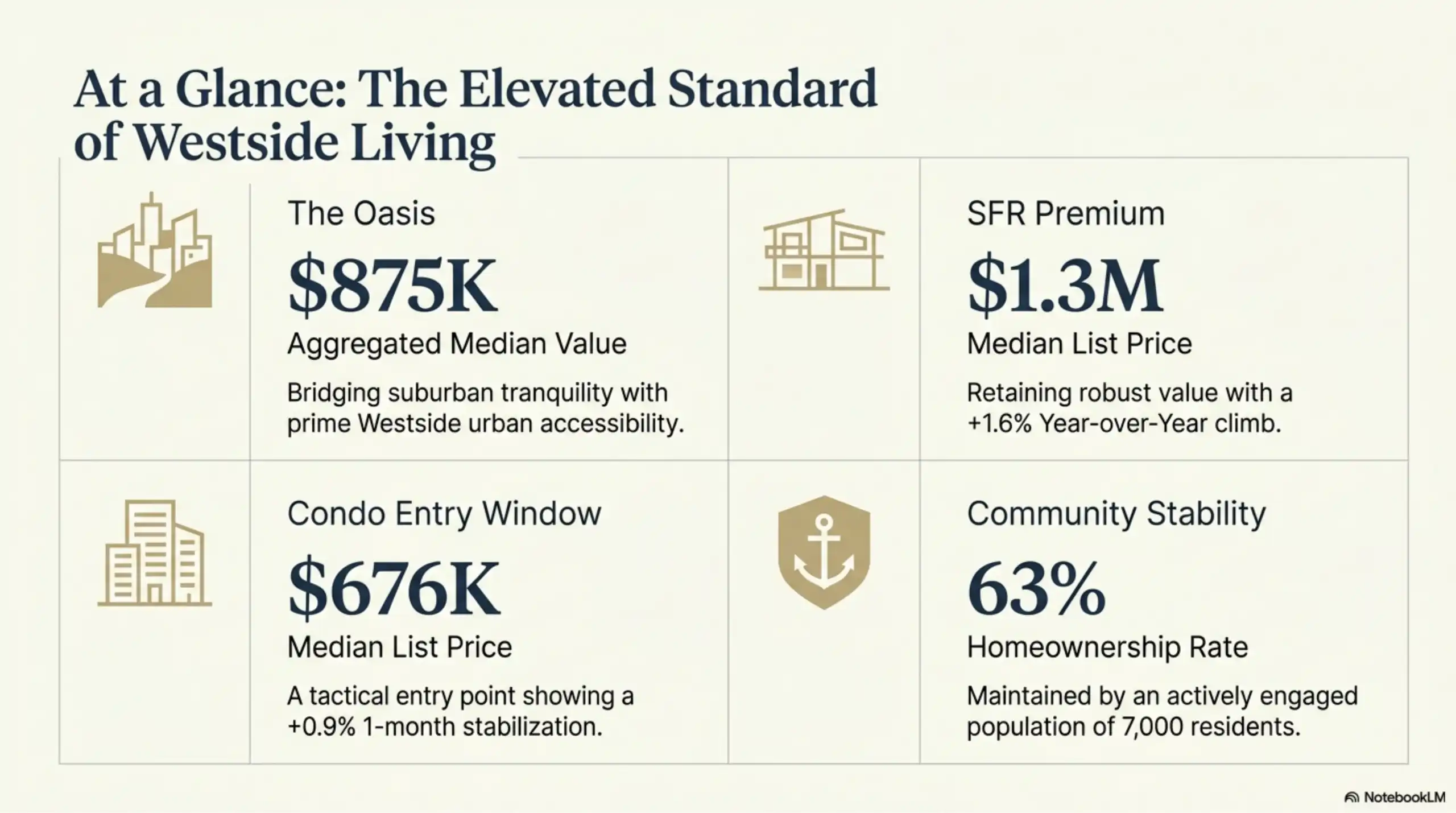 Real estate presentation slide showing median values for SFRs and condos in Ladera Heights