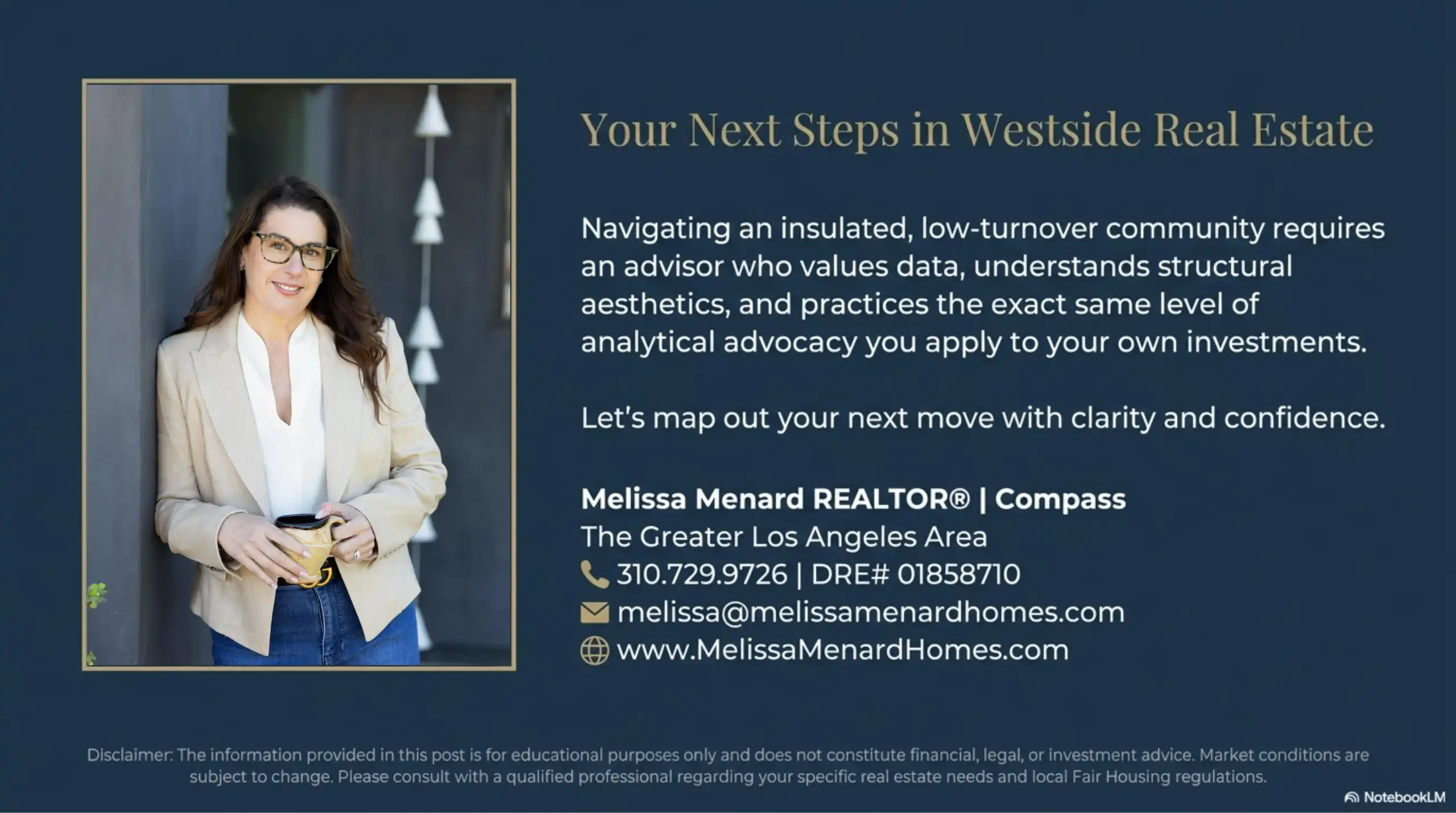 Real estate presentation slide with agent contact details and portrait for Ladera Heights