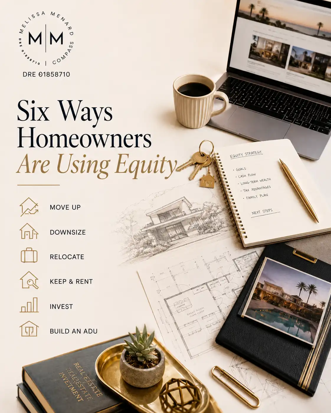 Top-down view of a workspace. Items on the surface include an open laptop, a ceramic coffee mug, keys with a house-shaped keychain, a spiral notebook with handwritten notes, brass pens, architectural floor plans and elevation drawings, a small potted plant in a brass tray, and a printed photograph of a residential exterior with a swimming pool.