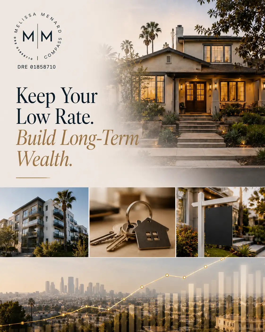 A multi-panel composition. The top section shows the front exterior of a white stucco residence with a dark wood double door and wide concrete steps. The bottom section is divided into four parts: a multi-story building with glass balconies; keys with a house-shaped keychain on a surface; a blank black yard sign on a white post; and a rising line chart graphic superimposed over a hazy city skyline.