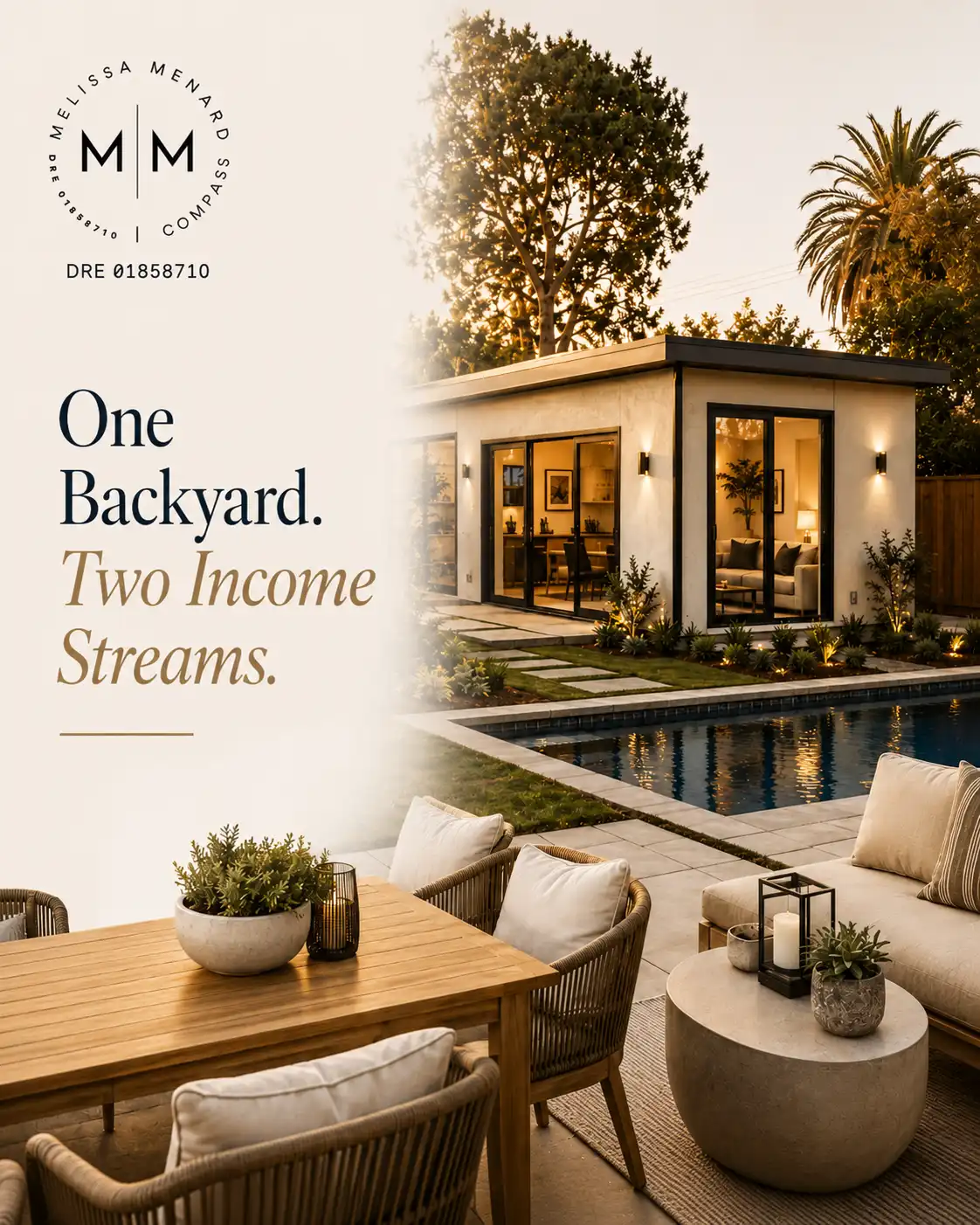 Exterior view of a residential backyard. The foreground includes a light wood outdoor dining table with woven chairs and a seating area with cushioned furniture. The midground features a rectangular swimming pool with gray stone coping and adjacent grass. The background shows a detached, single-story Accessory Dwelling Unit (ADU) with white stucco walls, black-framed sliding glass doors, and exterior sconce lighting.
