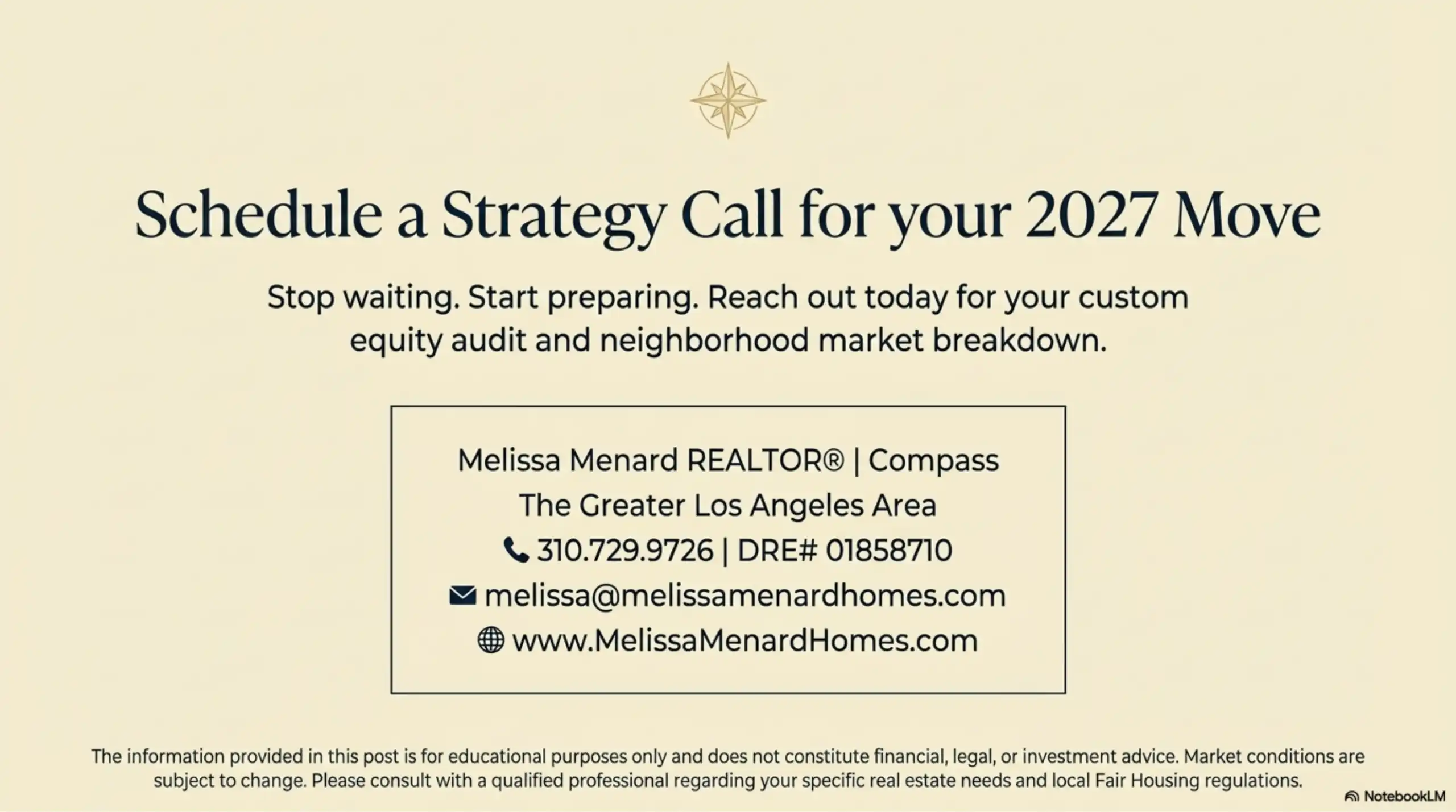 Contact information for Melissa Menard, Realtor at Compass in the Greater Los Angeles Area.