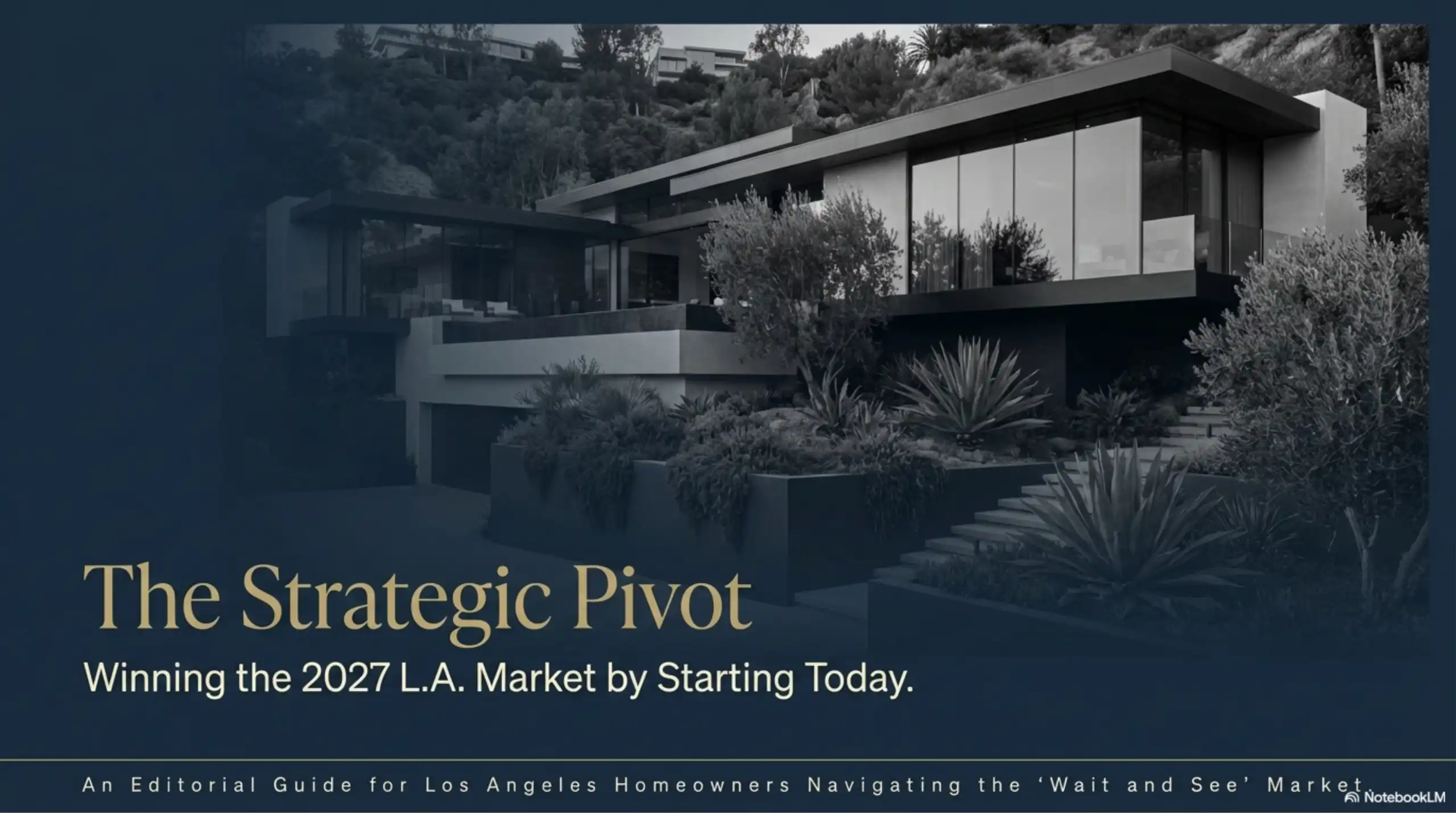 Modern multi-level residence with floor-to-ceiling glass windows and tiered drought-tolerant landscaping.