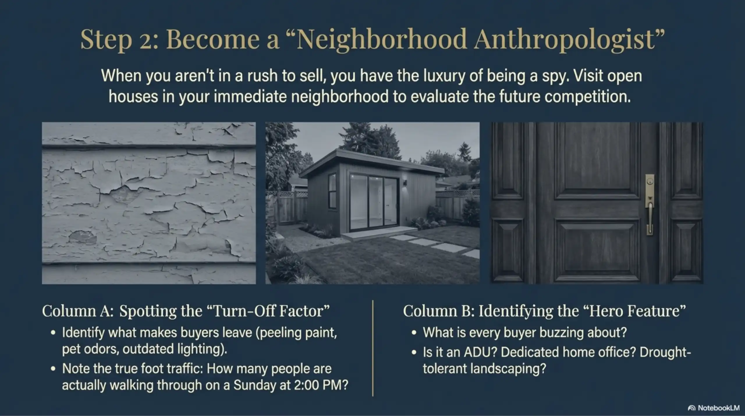 Comparison of home turn-off factors like peeling paint versus hero features like ADUs and home offices.