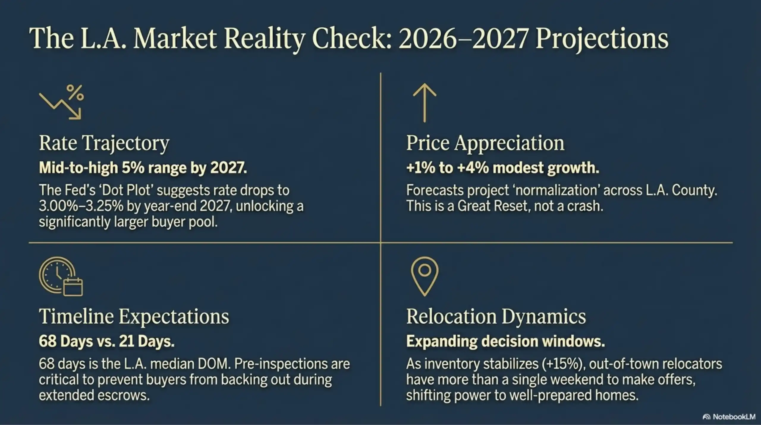 Market reality check dashboard showing rate trajectories, price appreciation, and relocation dynamics.