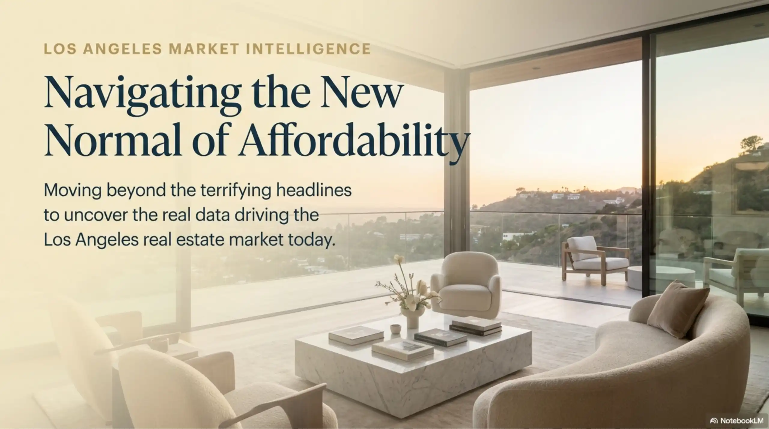 Los Angeles real estate presentation title slide with background view of modern living room