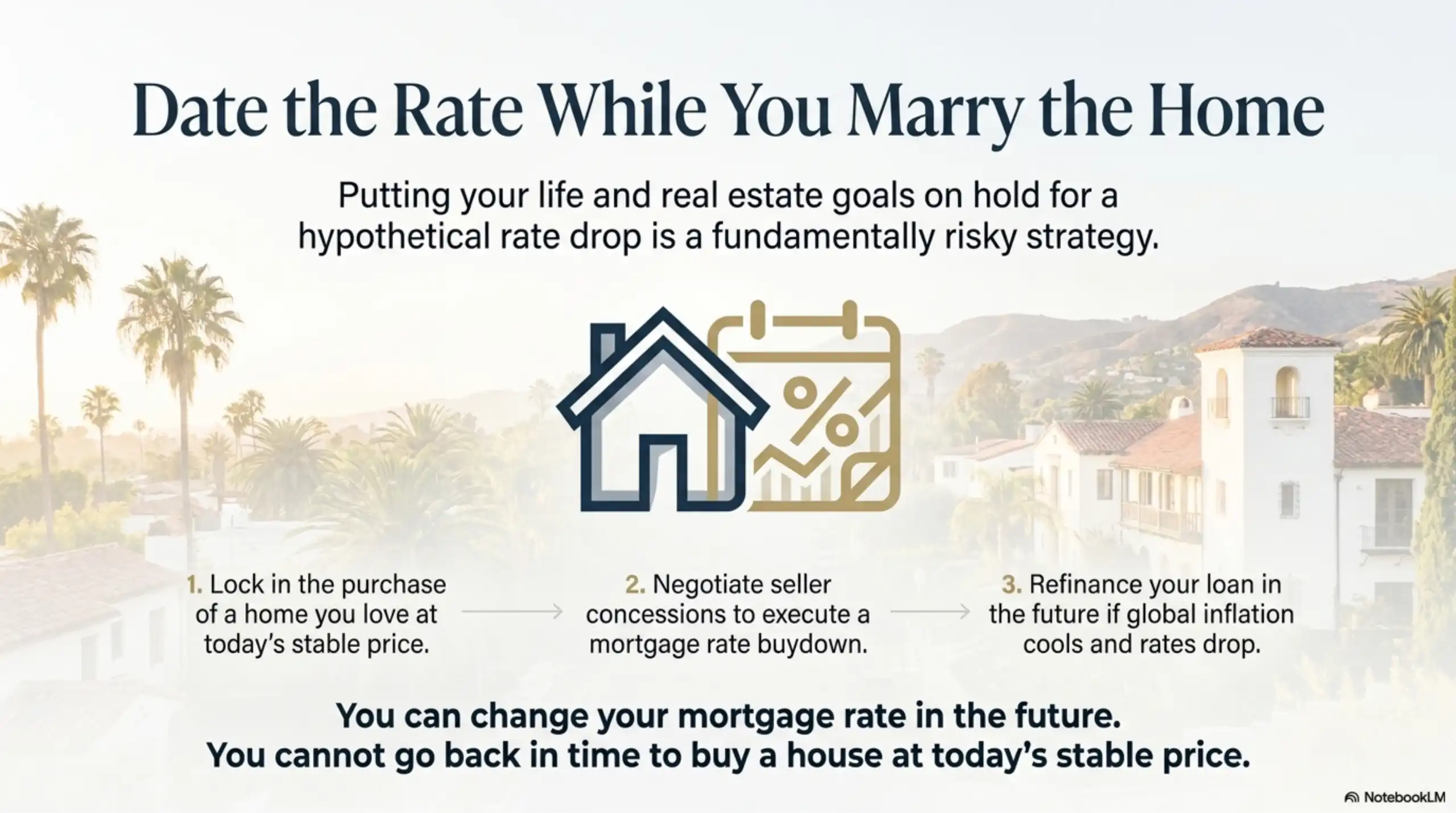 Real estate strategy slide showing buying steps with Spanish-style estate background.