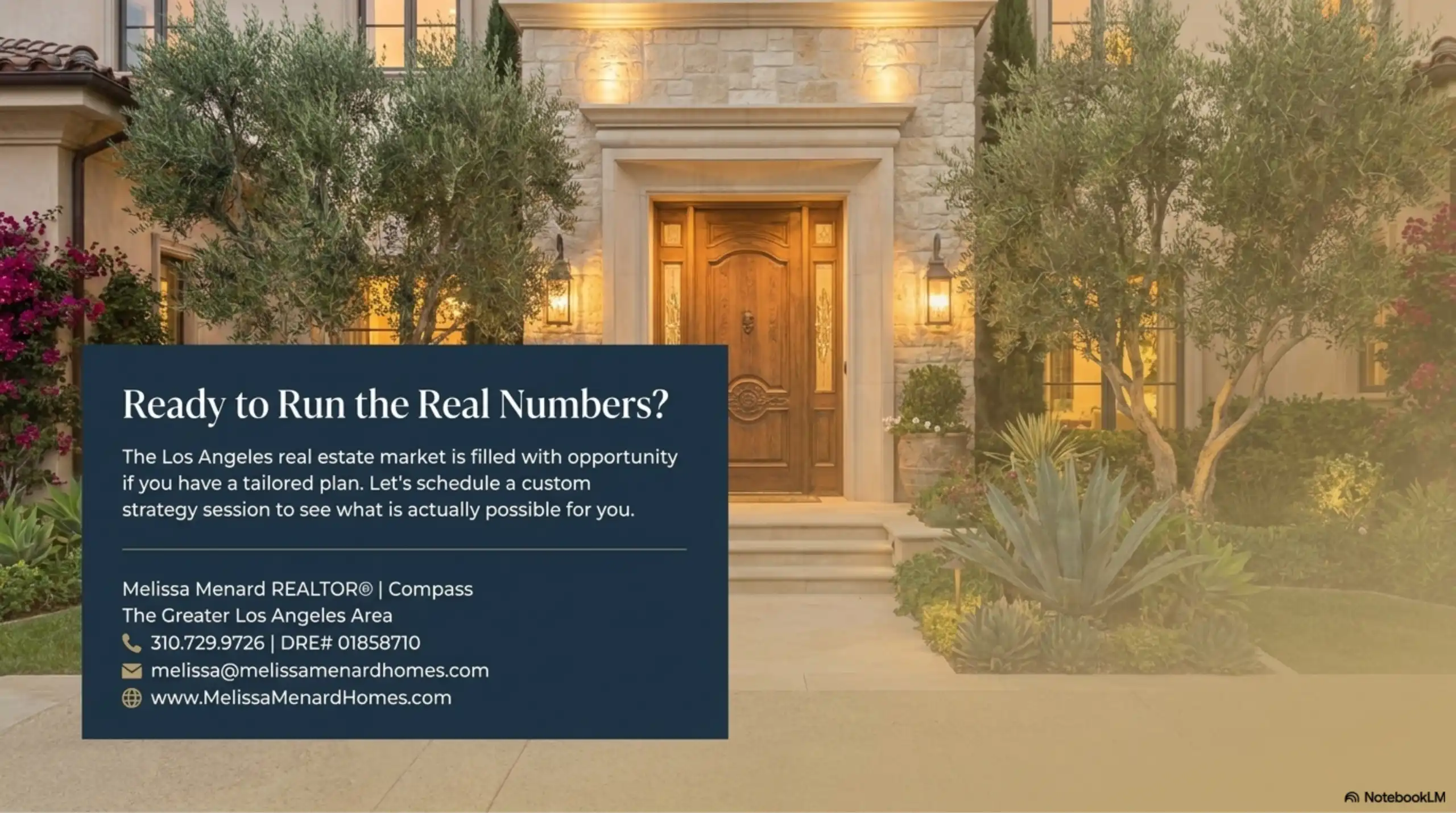 Real estate contact slide featuring agent details and Mediterranean home exterior. 