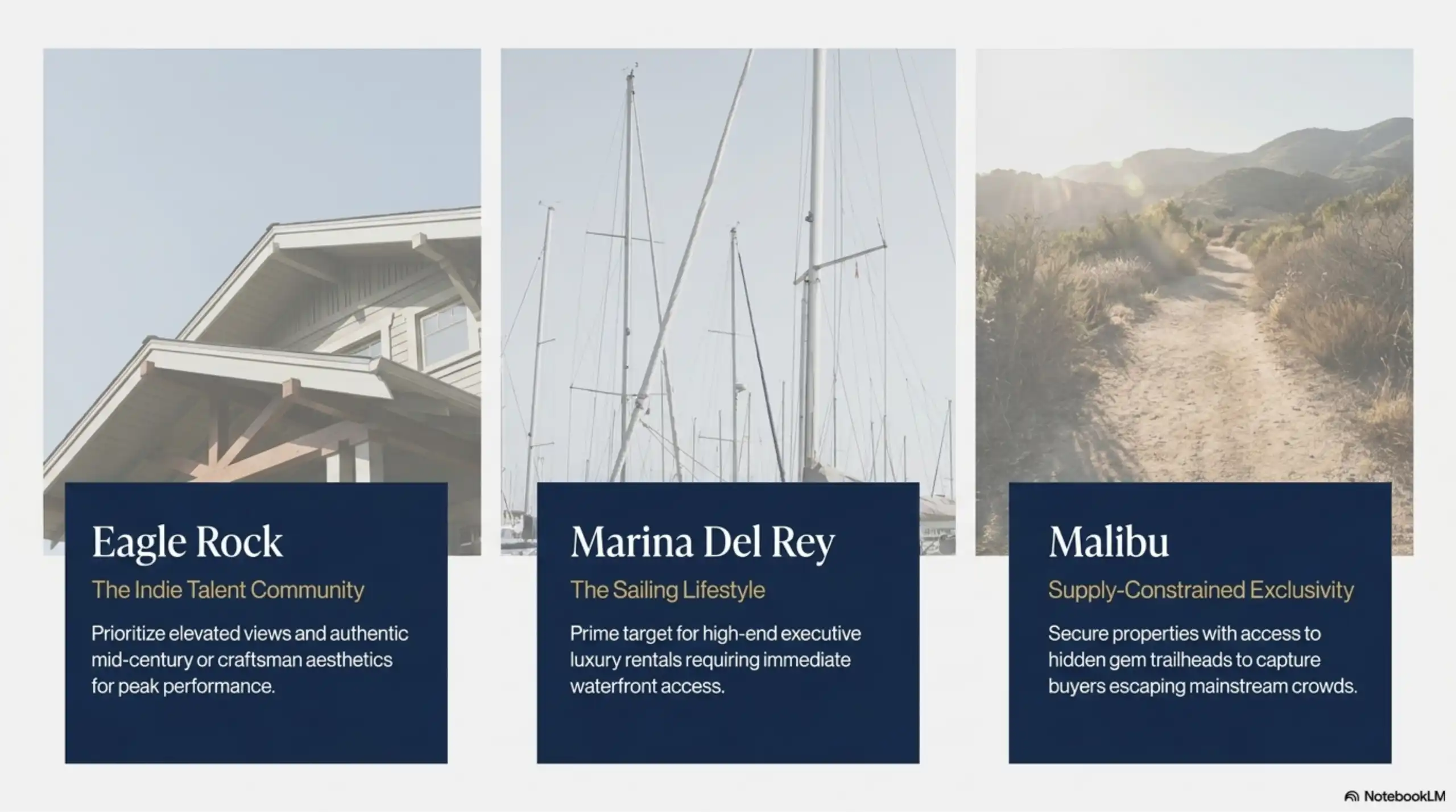 Three panels showing a house roof, boat masts, and a dirt trail.