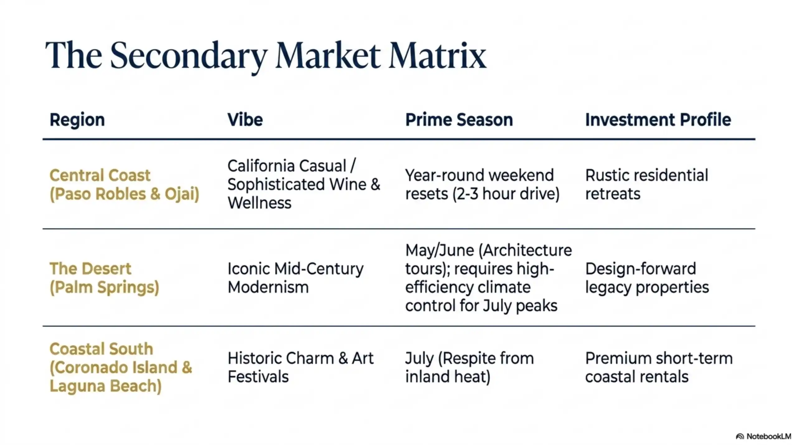 Table comparing different California real estate investment regions.