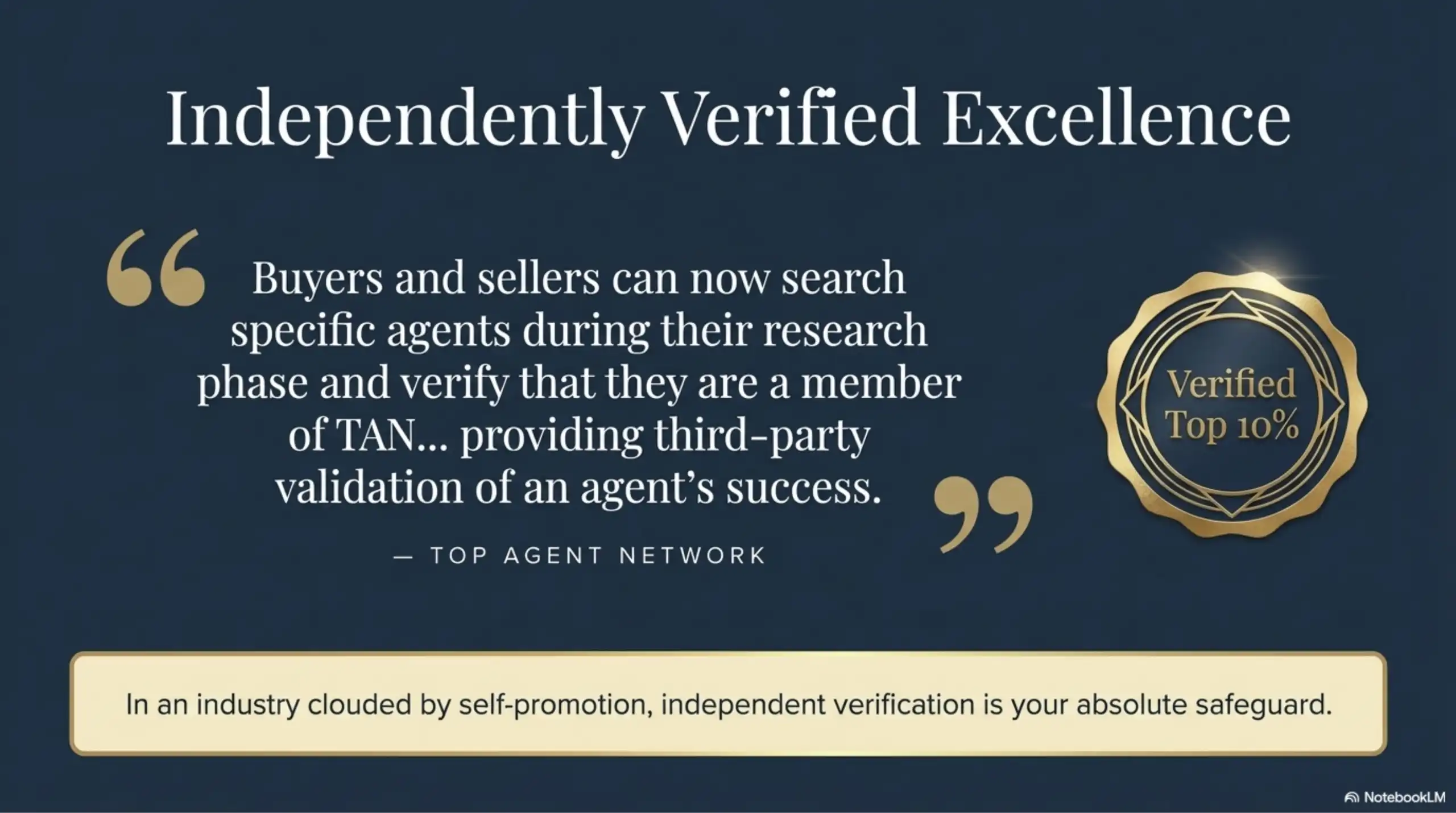 Gold circular seal for Top Agent Network Verified Top 10 Percent next to a block quote.