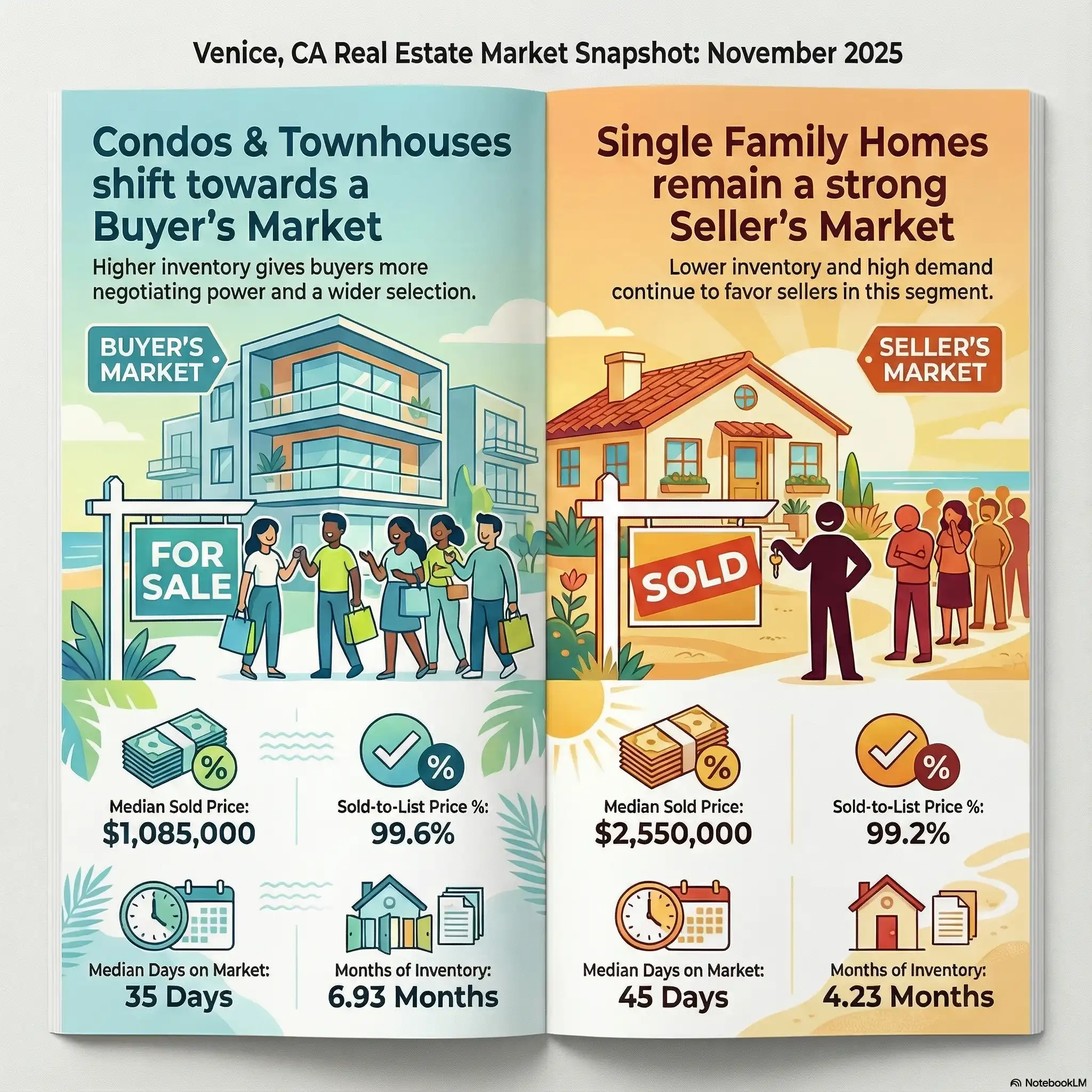 Venice California beach neighborhood real estate market update chart showing median home prices and inventory for December 2025.
