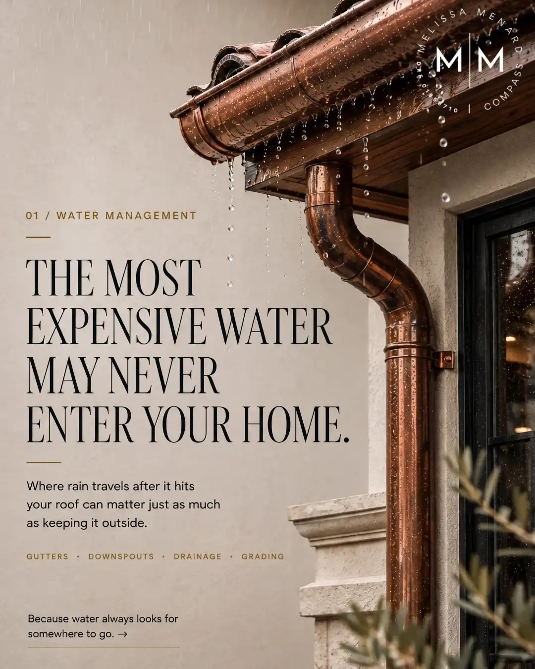 Graphic about water management featuring a close-up of a copper gutter and downspout on a house exterior during rain.