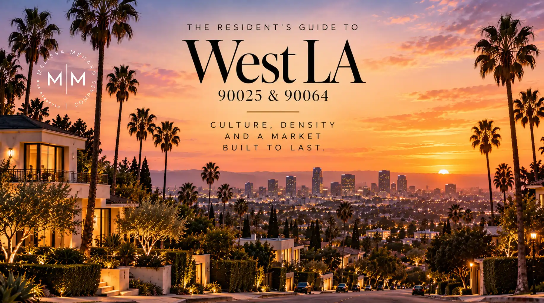 Elevated twilight view of a city skyline with palm trees and graphic text overlay.