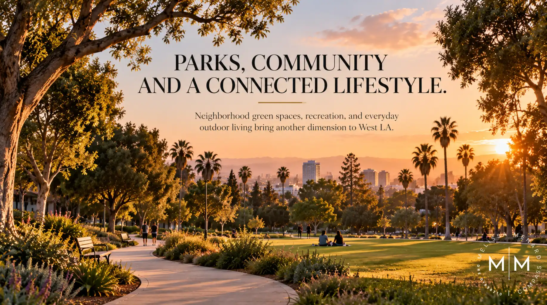 Public park with a paved walking path, grass, and trees at sunset with text overlay.