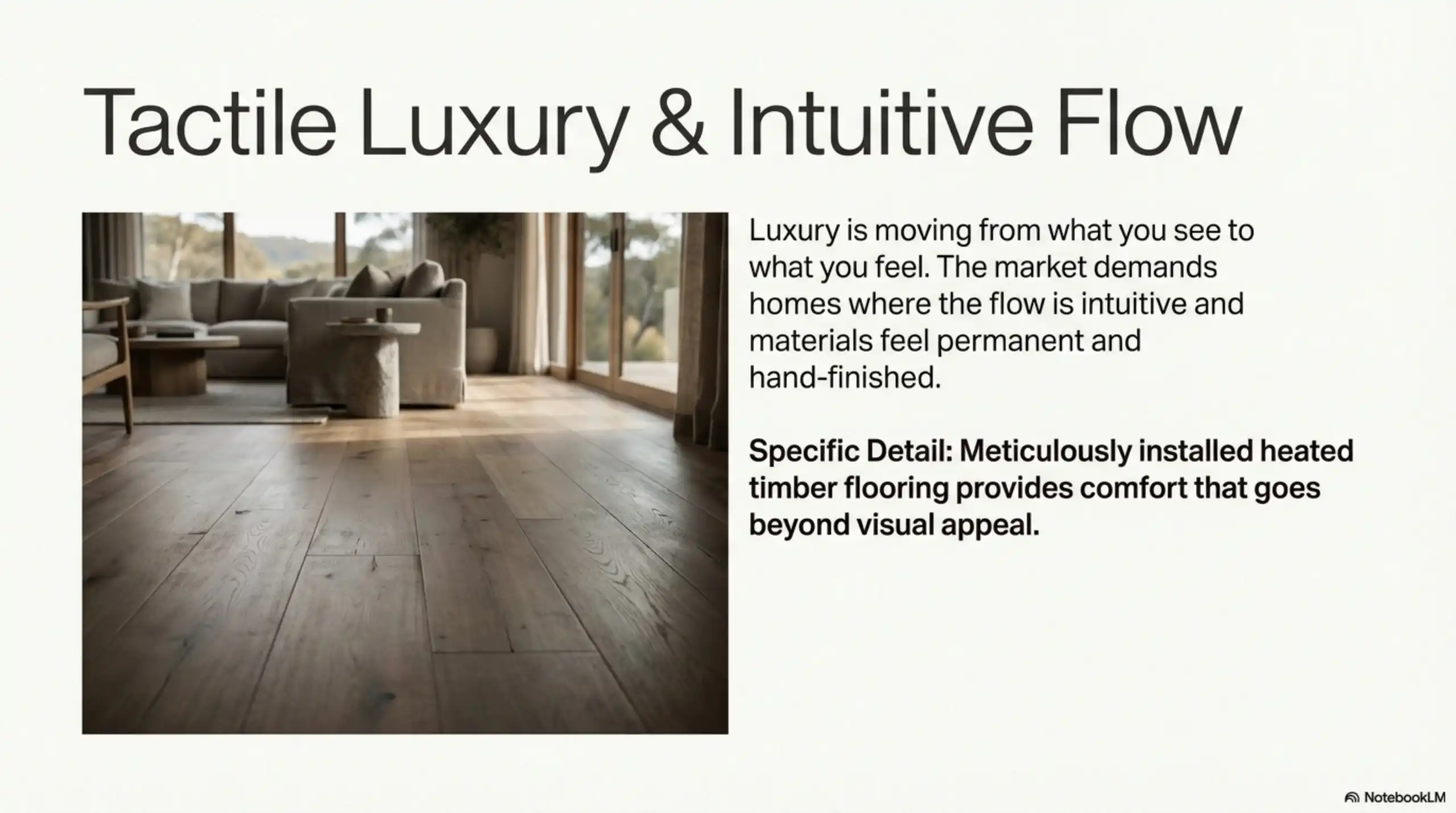 Slide titled "Tactile Luxury & Intuitive Flow" showing a low-angle view of wide-plank hardwood flooring in a living room.