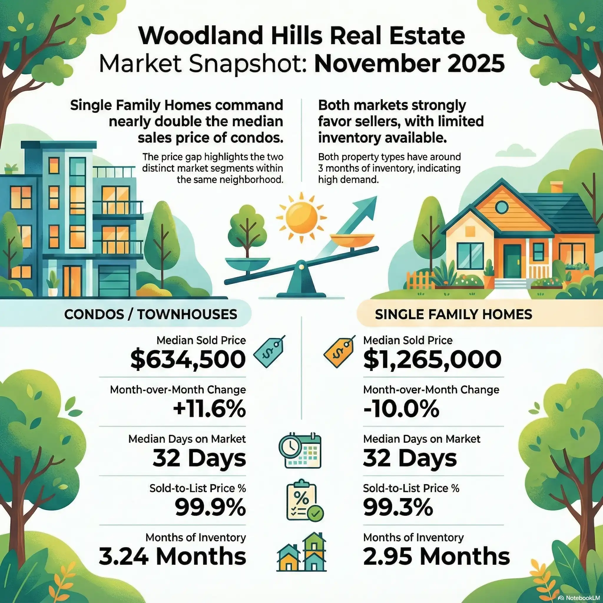 Melissa Menard Compass Real Estate market update graph for Woodland Hills Los Angeles December 2025.