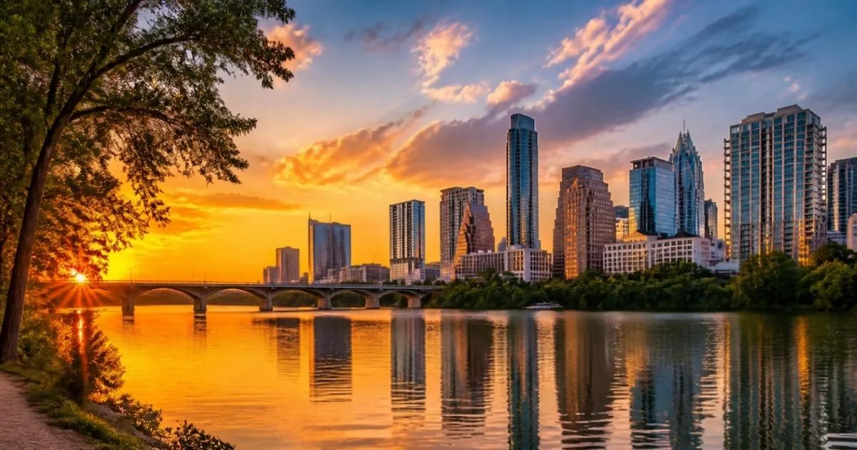 Austin skyline at sunset over Lady Bird Lake