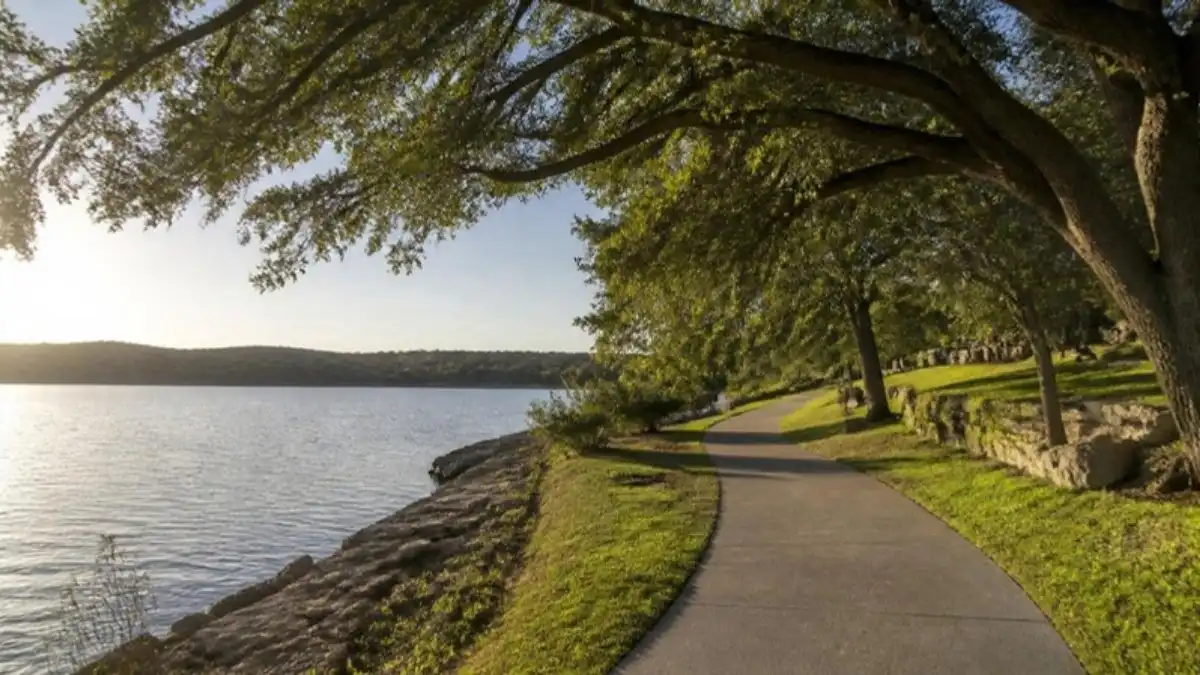 Lake and walking trail in Pflugerville, Texas, an Austin suburb