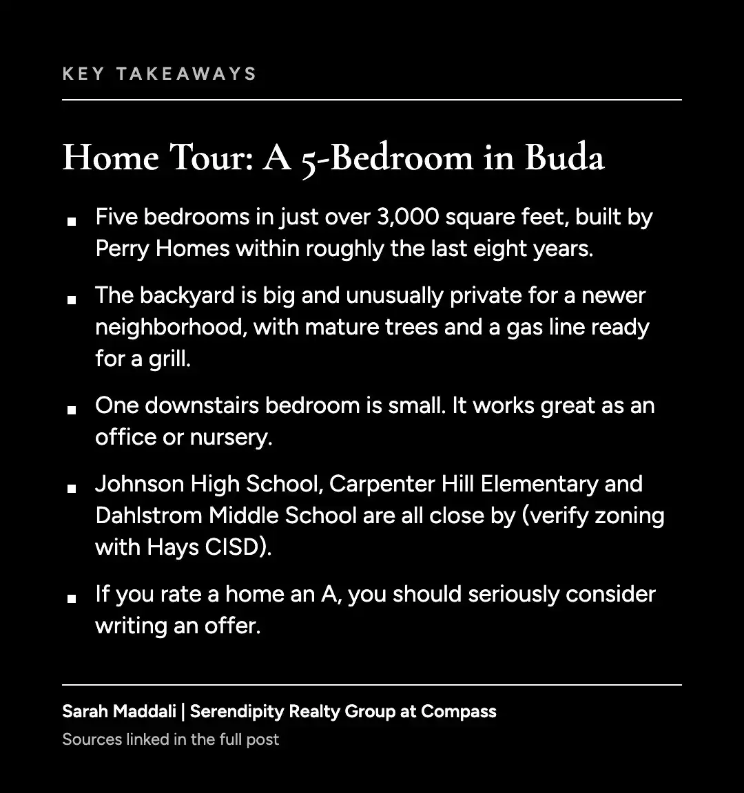 Key takeaways graphic for an Austin Texas home tour of a 5-bedroom Perry home in Buda