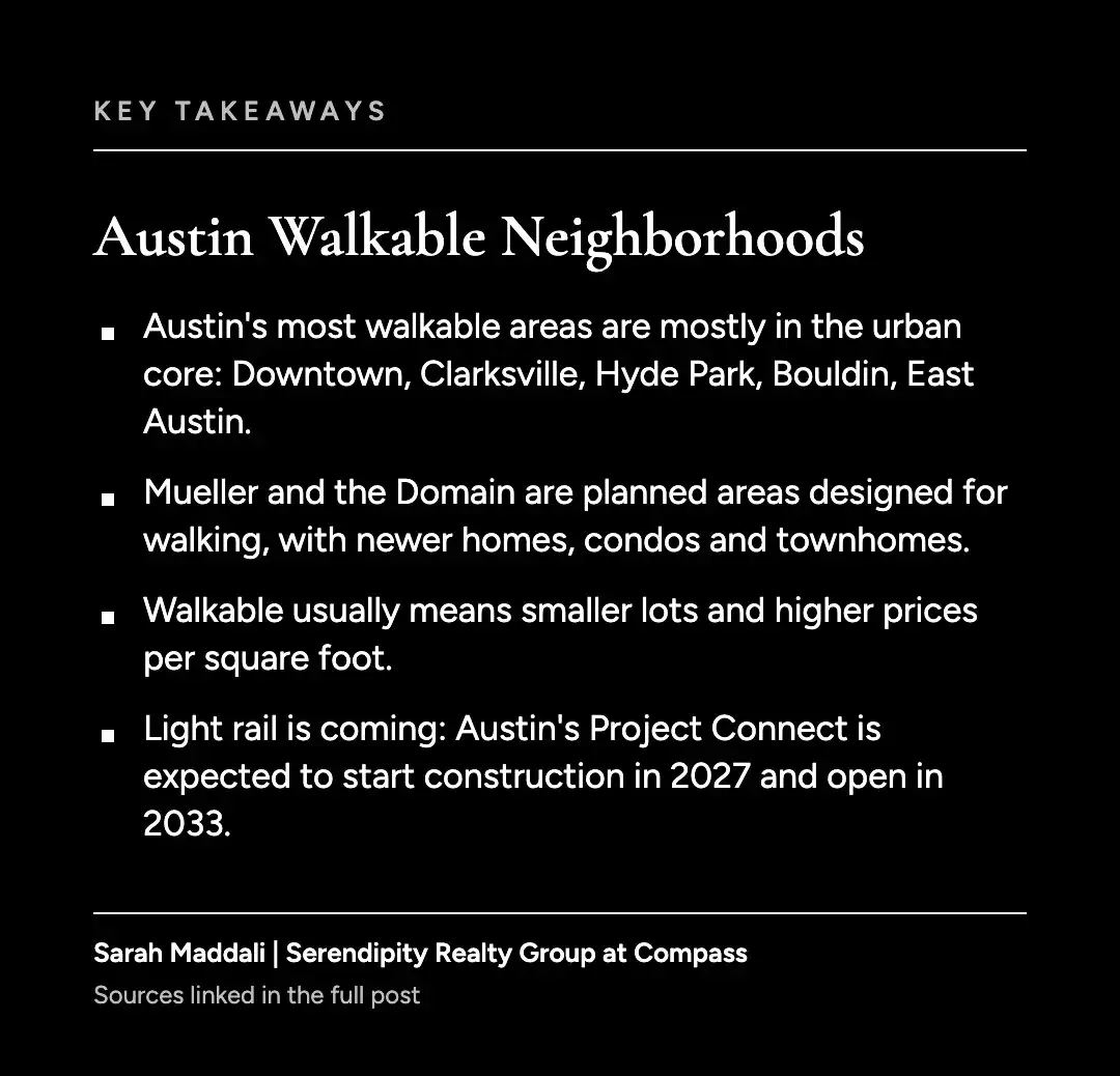 Key takeaways graphic for Austin walkable neighborhoods