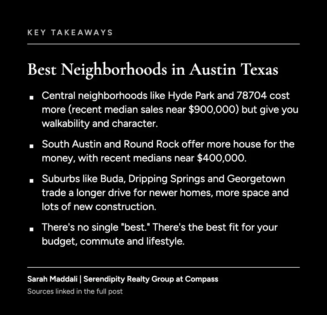 Key takeaways graphic for the best neighborhoods in Austin Texas