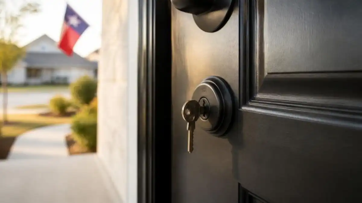 Key in the front door of a home in Austin, Texas